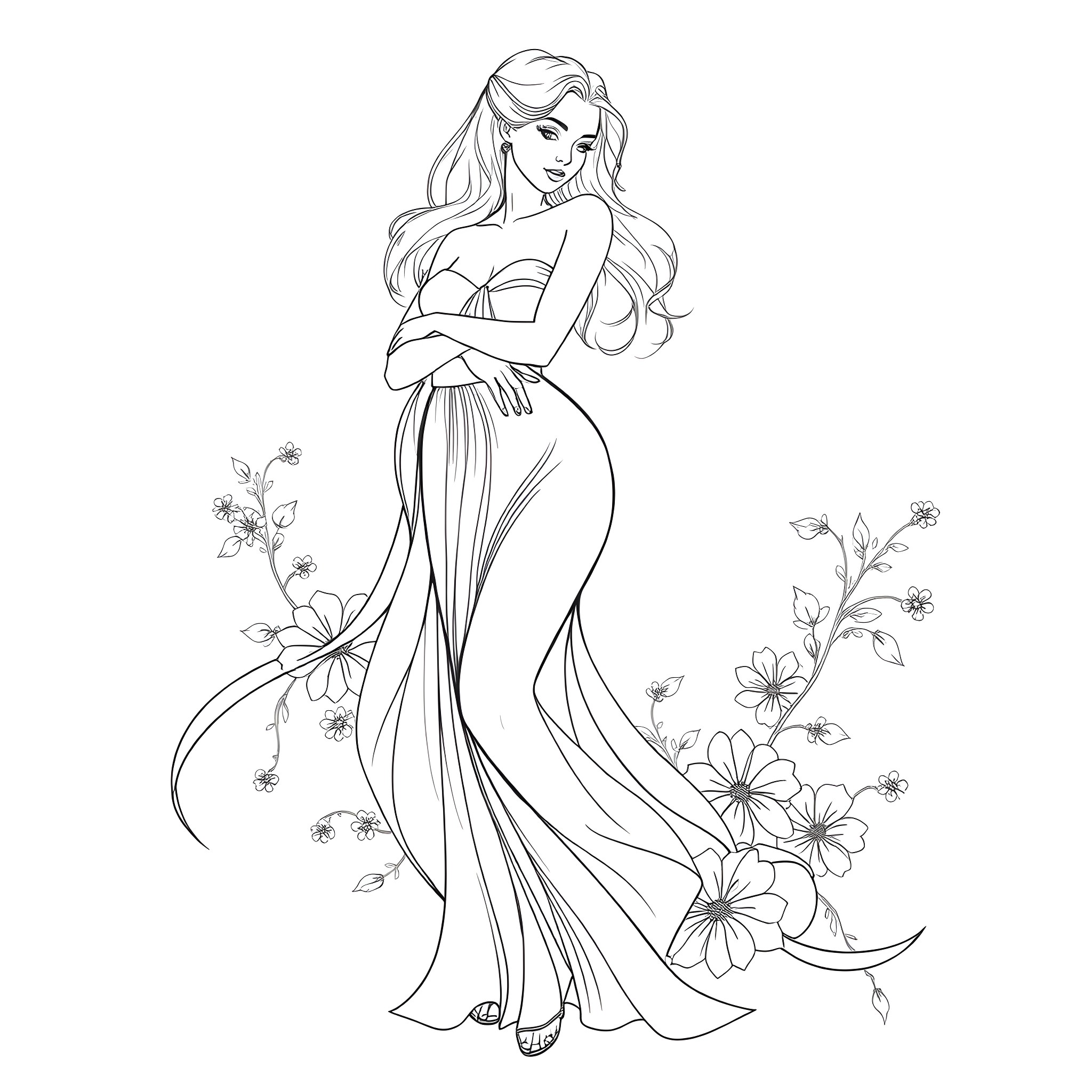 Girl in flowing dress with floral accents Coloring Page (free black-and-white line drawing printable PDF for all, from beginners to advanced learners, including children, teens, adults, and seniors)