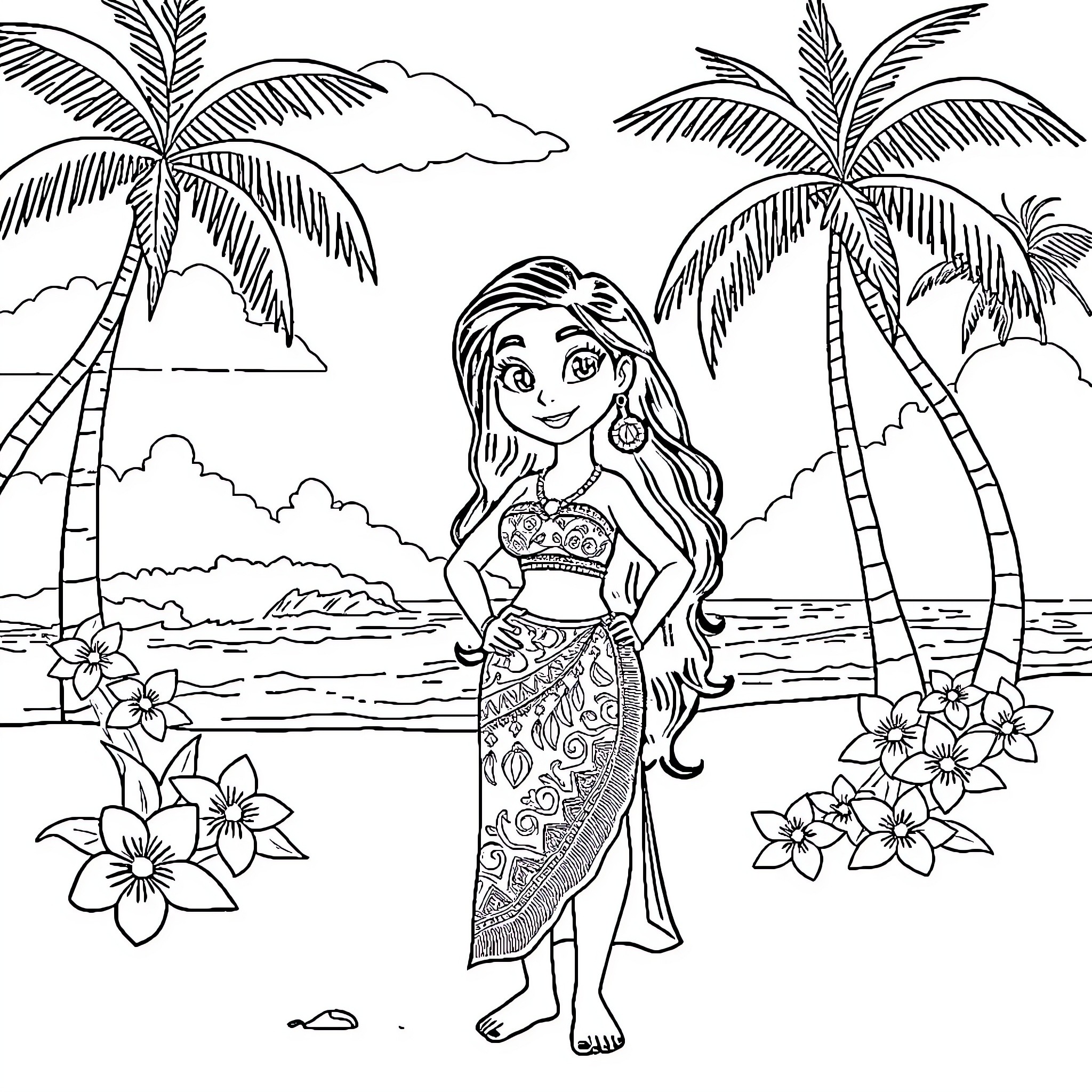 Vaiana enjoying the tropical beach scenery Coloring Page (free black-and-white line drawing printable PDF for all, from beginners to advanced learners, including children, teens, adults, and seniors)
