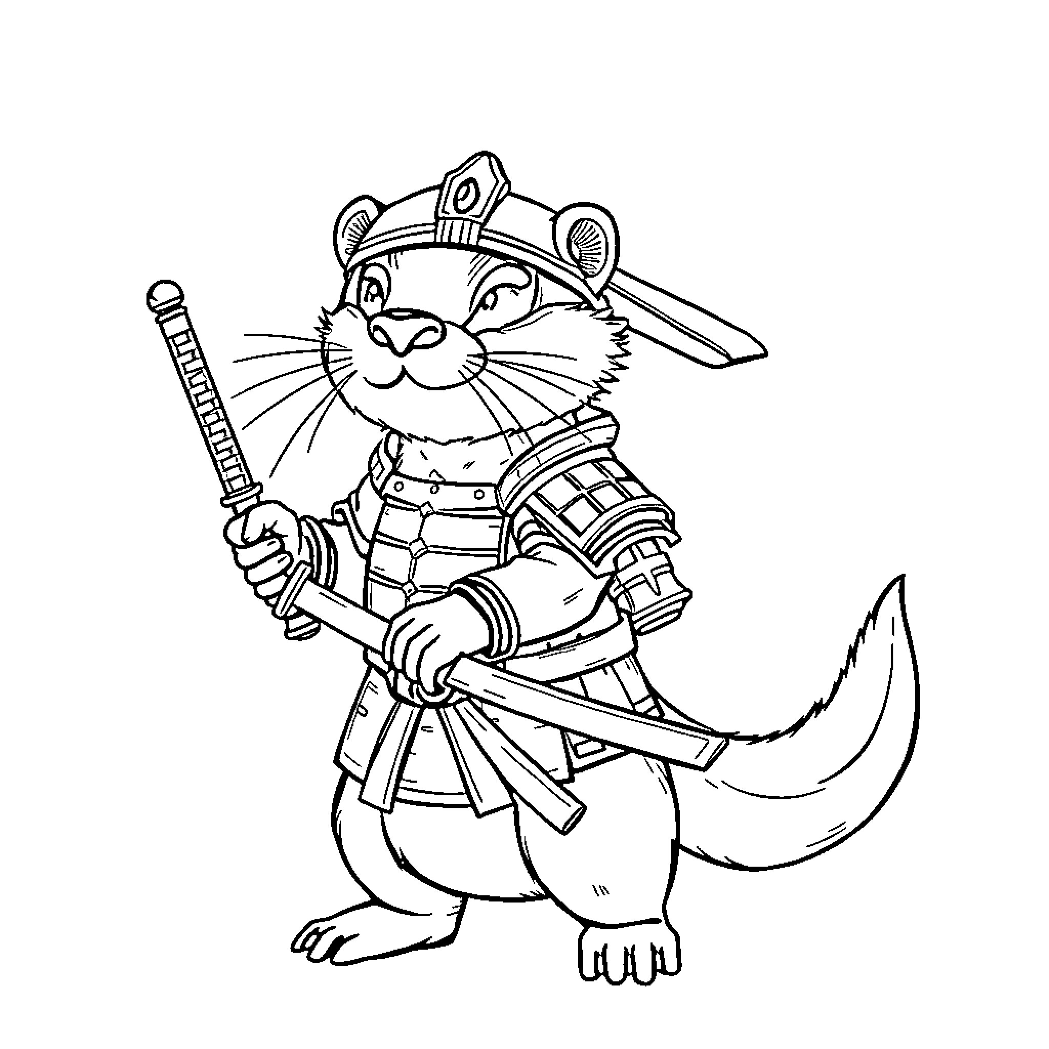 Otter warrior in protective gear wielding sword Coloring Page (free black-and-white line drawing printable PDF for all, from beginners to advanced learners, including children, teens, adults, and seniors)