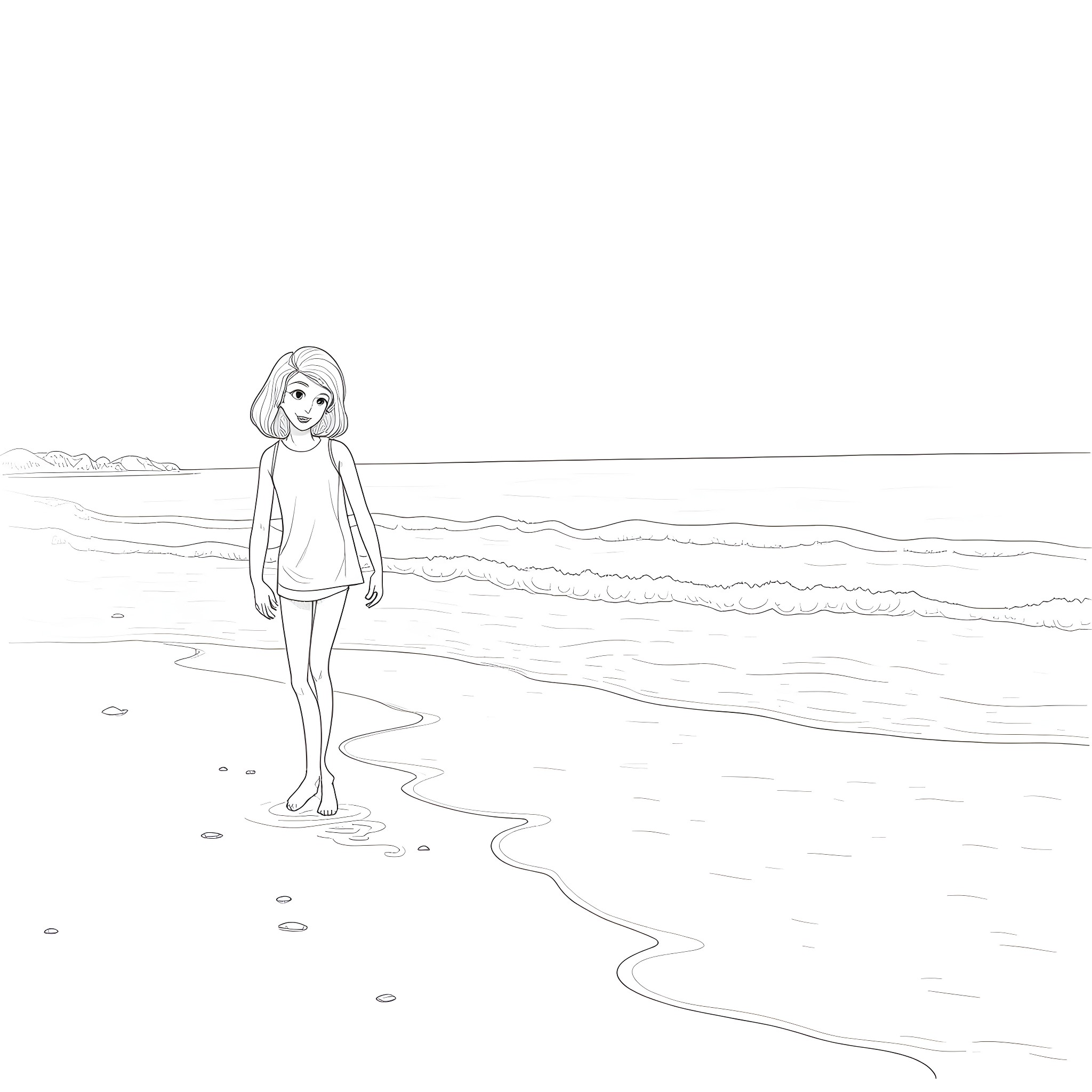 Girl walking on the beach Coloring Page (free black-and-white line drawing printable PDF for all, from beginners to advanced learners, including children, teens, adults, and seniors)