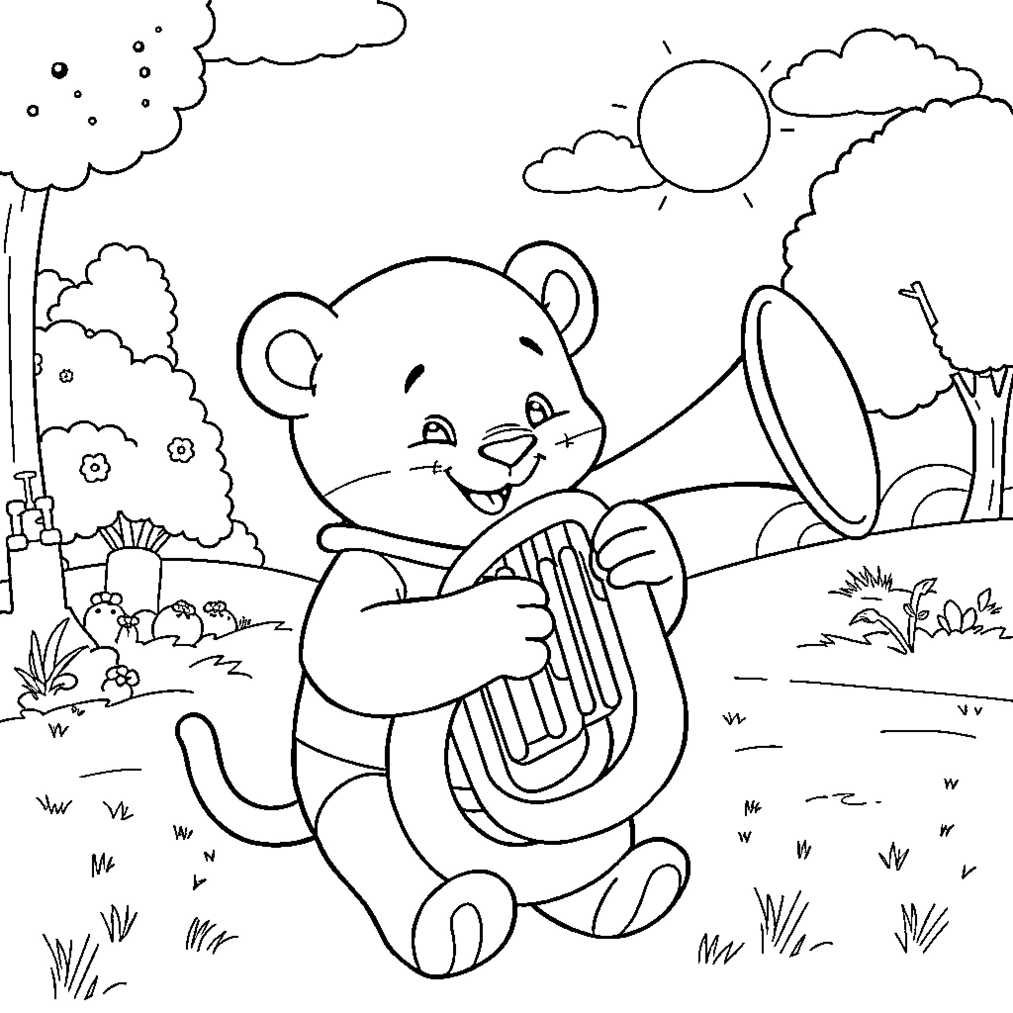 Daniel Tiger playing with harmonica in nature Coloring Page (free black-and-white line drawing printable PDF for all, from beginners to advanced learners, including children, teens, adults, and seniors)