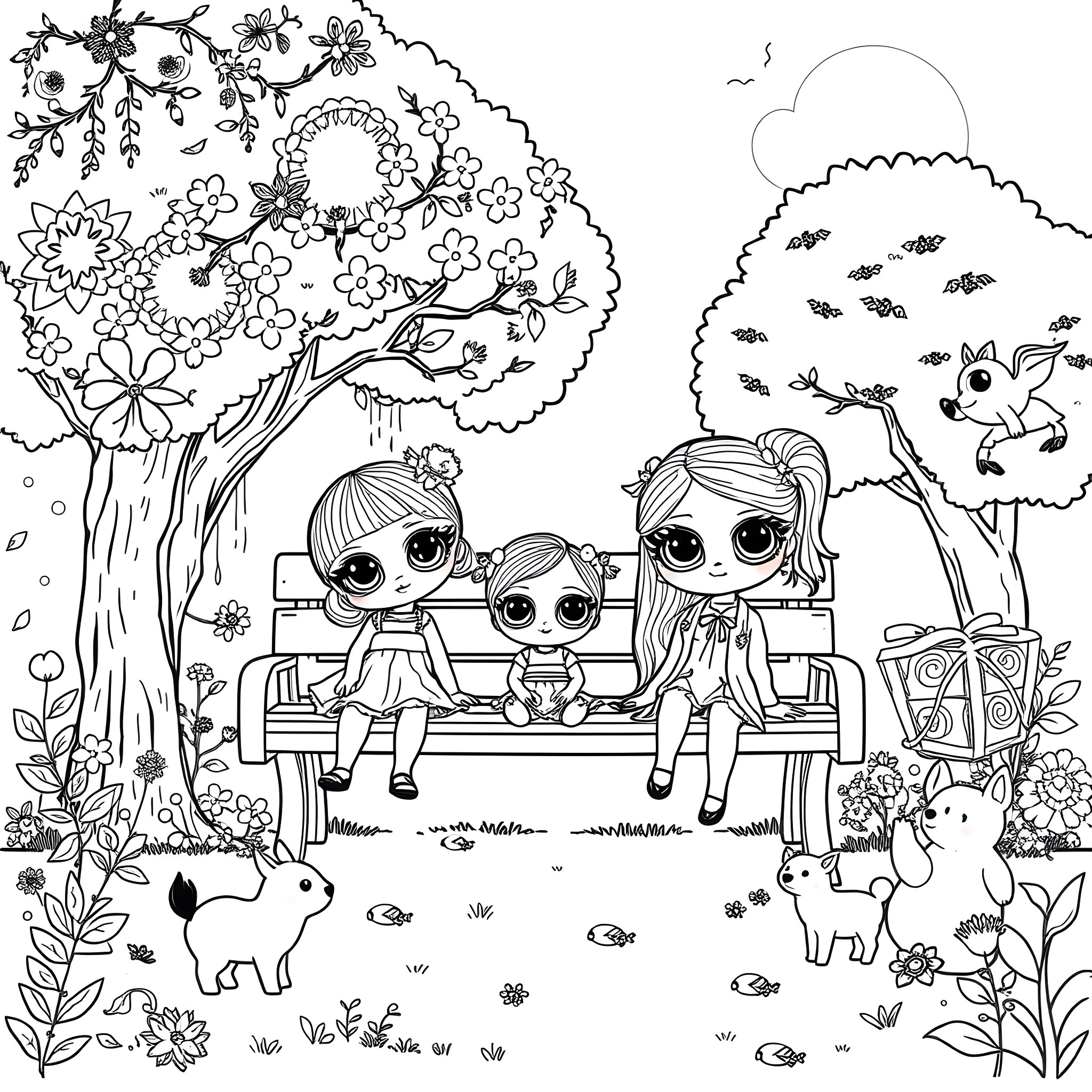 Dolls enjoying nature in a peaceful garden Coloring Page (free black-and-white line drawing printable PDF for all, from beginners to advanced learners, including children, teens, adults, and seniors)