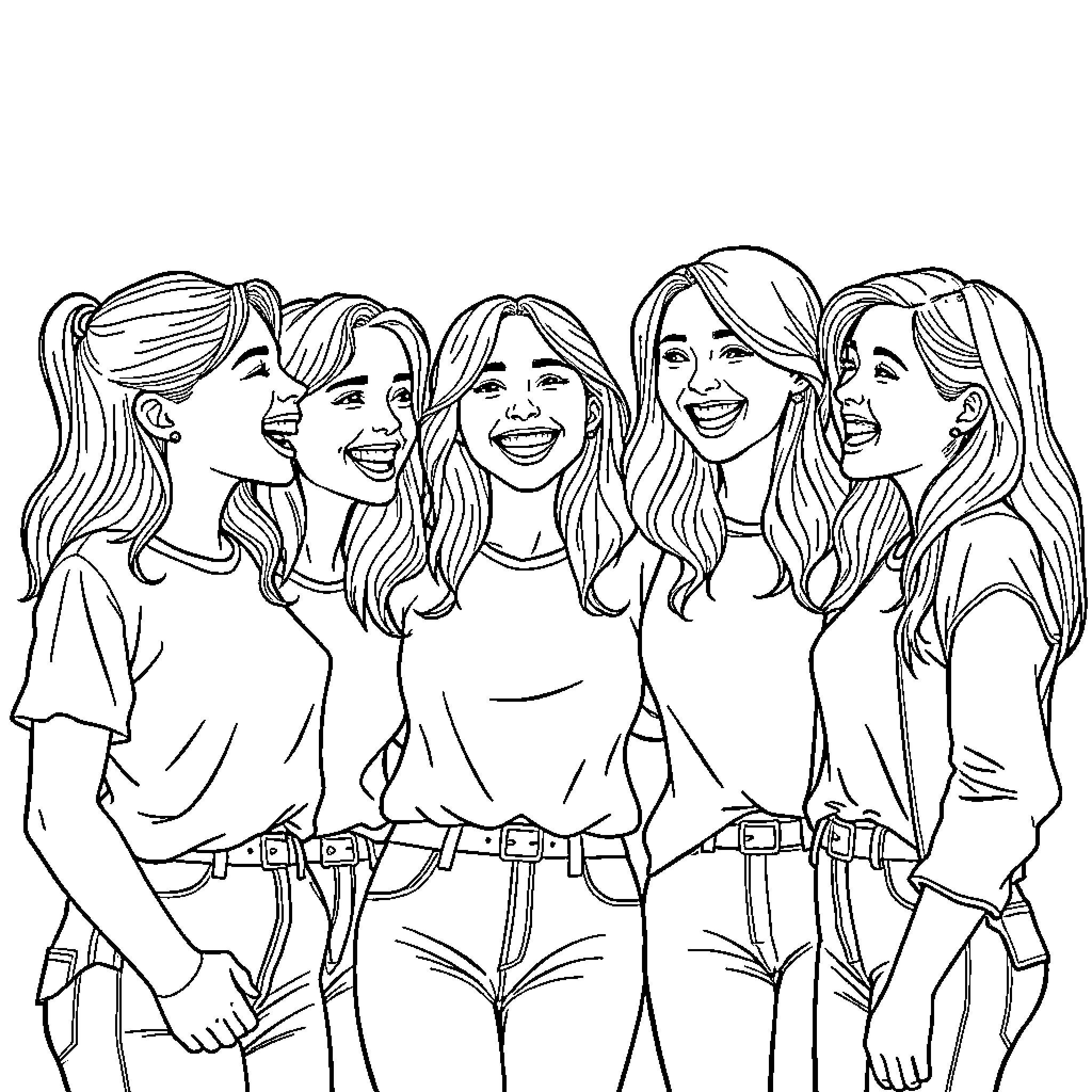 Teen Girls Laughing and Enjoying Time Together Coloring Page (free black-and-white line drawing printable PDF for all, from beginners to advanced learners, including children, teens, adults, and seniors)