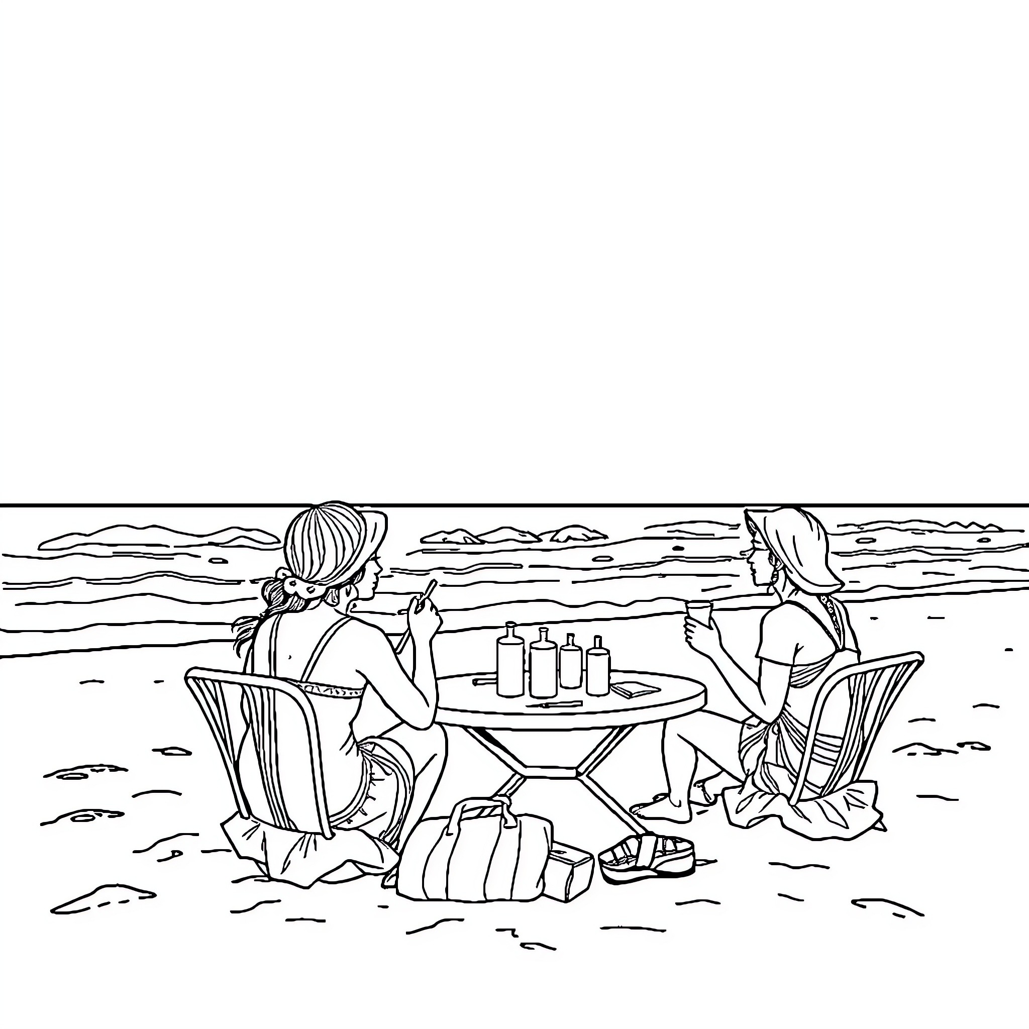 Sahur by the Beach with Friends Coloring Page (free black-and-white line drawing printable PDF for all, from beginners to advanced learners, including children, teens, adults, and seniors)
