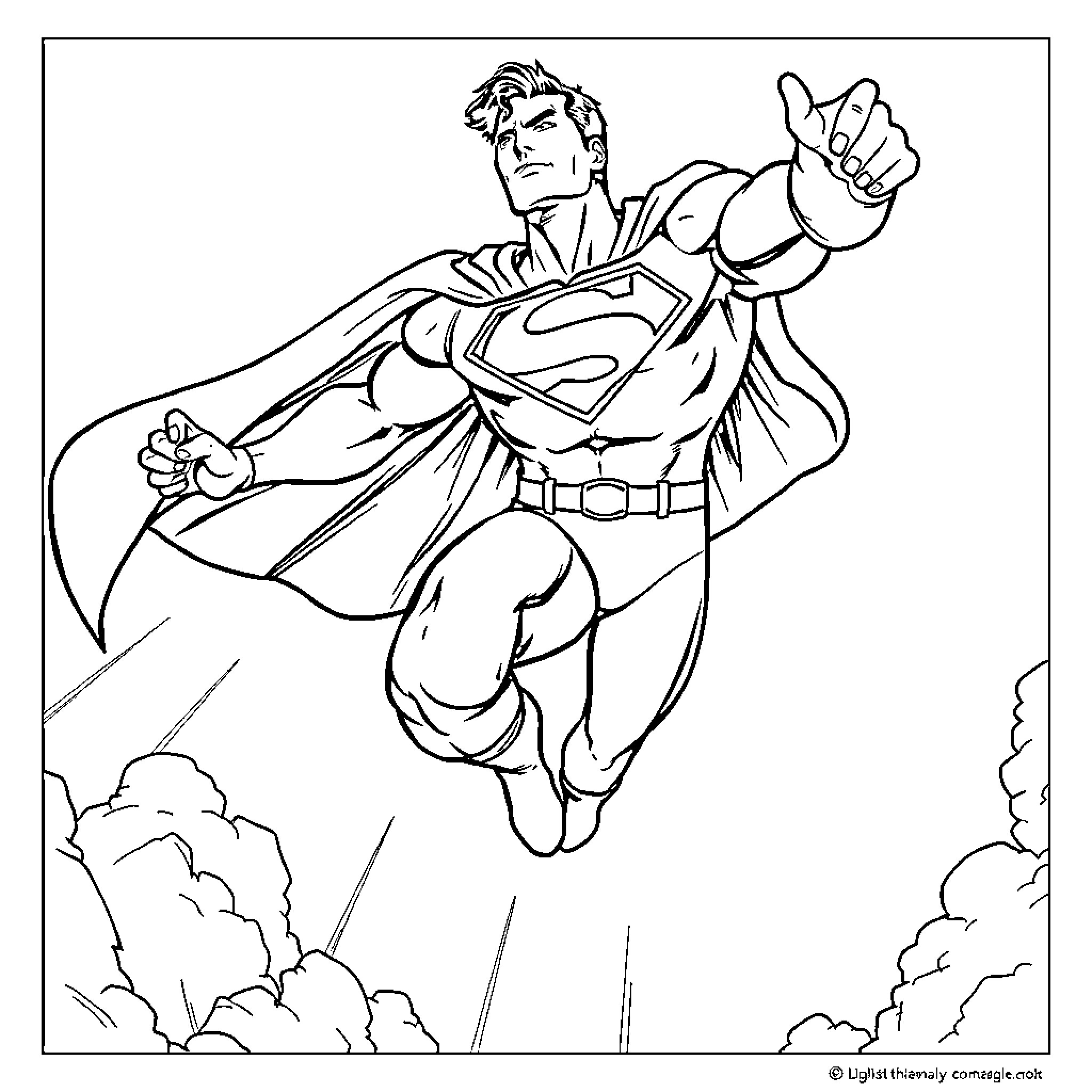 Superman soaring with determination and heroism Coloring Page (free black-and-white line drawing printable PDF for all, from beginners to advanced learners, including children, teens, adults, and seniors)