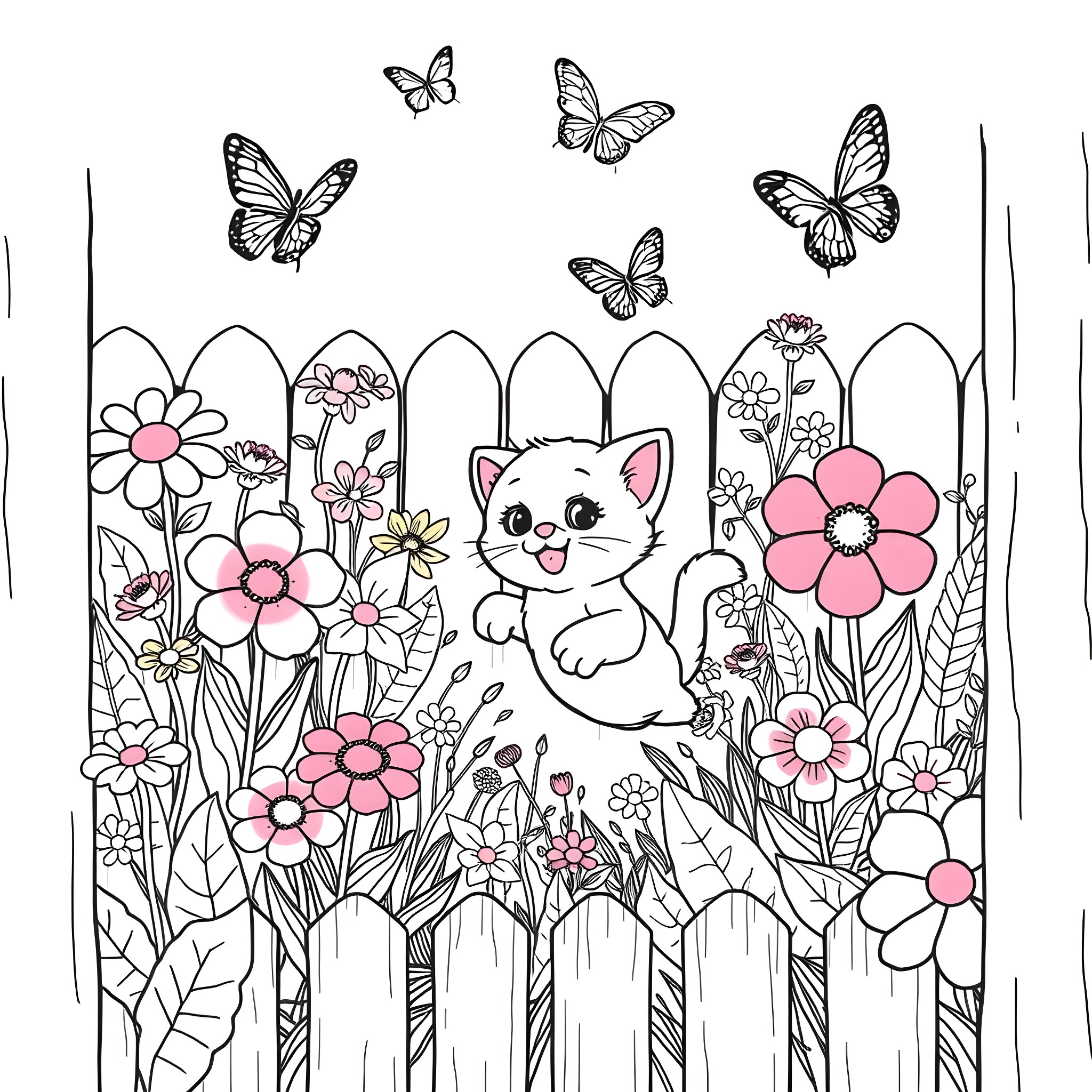 Kitten exploring a floral garden with butterflies Coloring Page (free black-and-white line drawing printable PDF for all, from beginners to advanced learners, including children, teens, adults, and seniors)