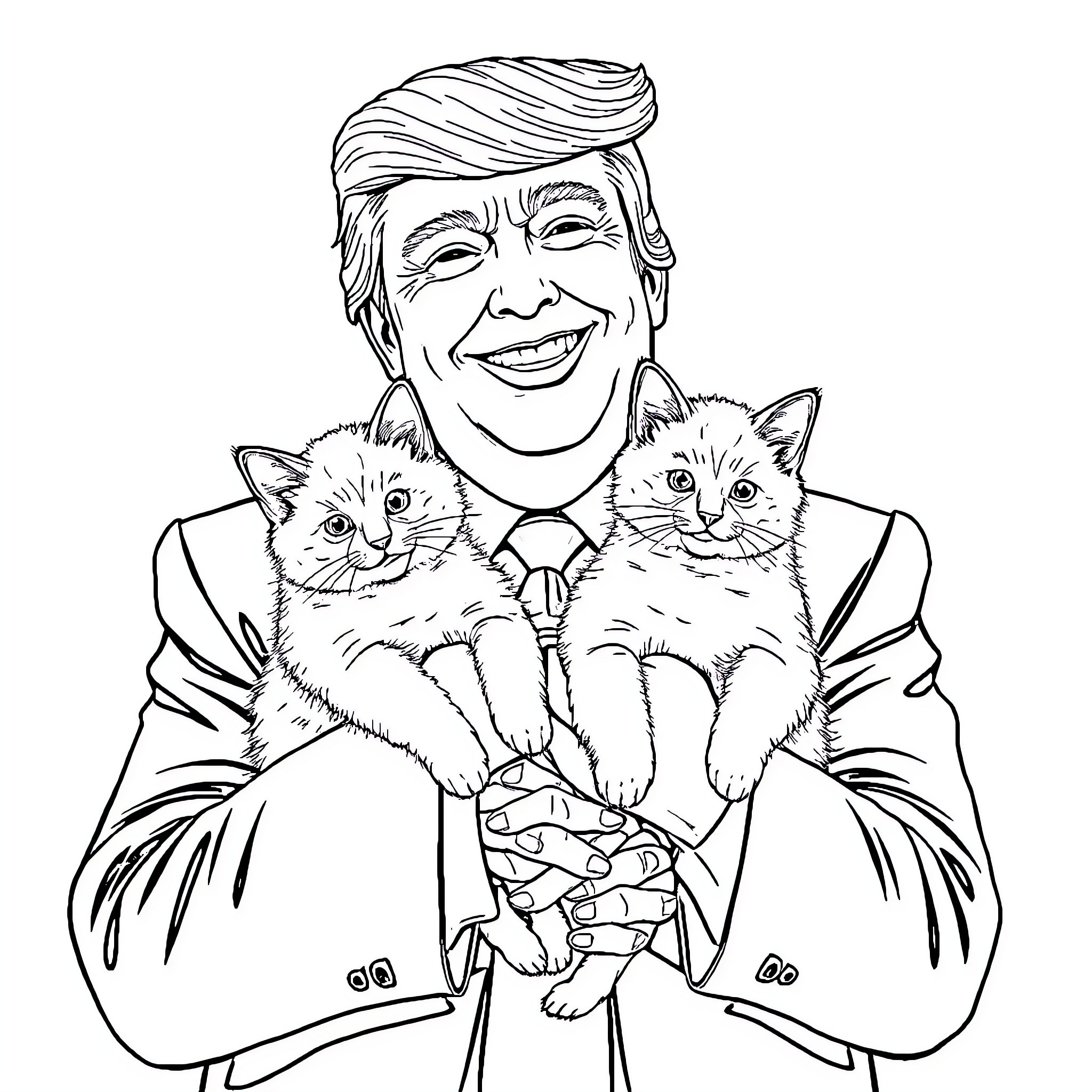 Donald Trump Smiling and Holding Adorable Kittens Coloring Page (free black-and-white line drawing printable PDF for all, from beginners to advanced learners, including children, teens, adults, and seniors)