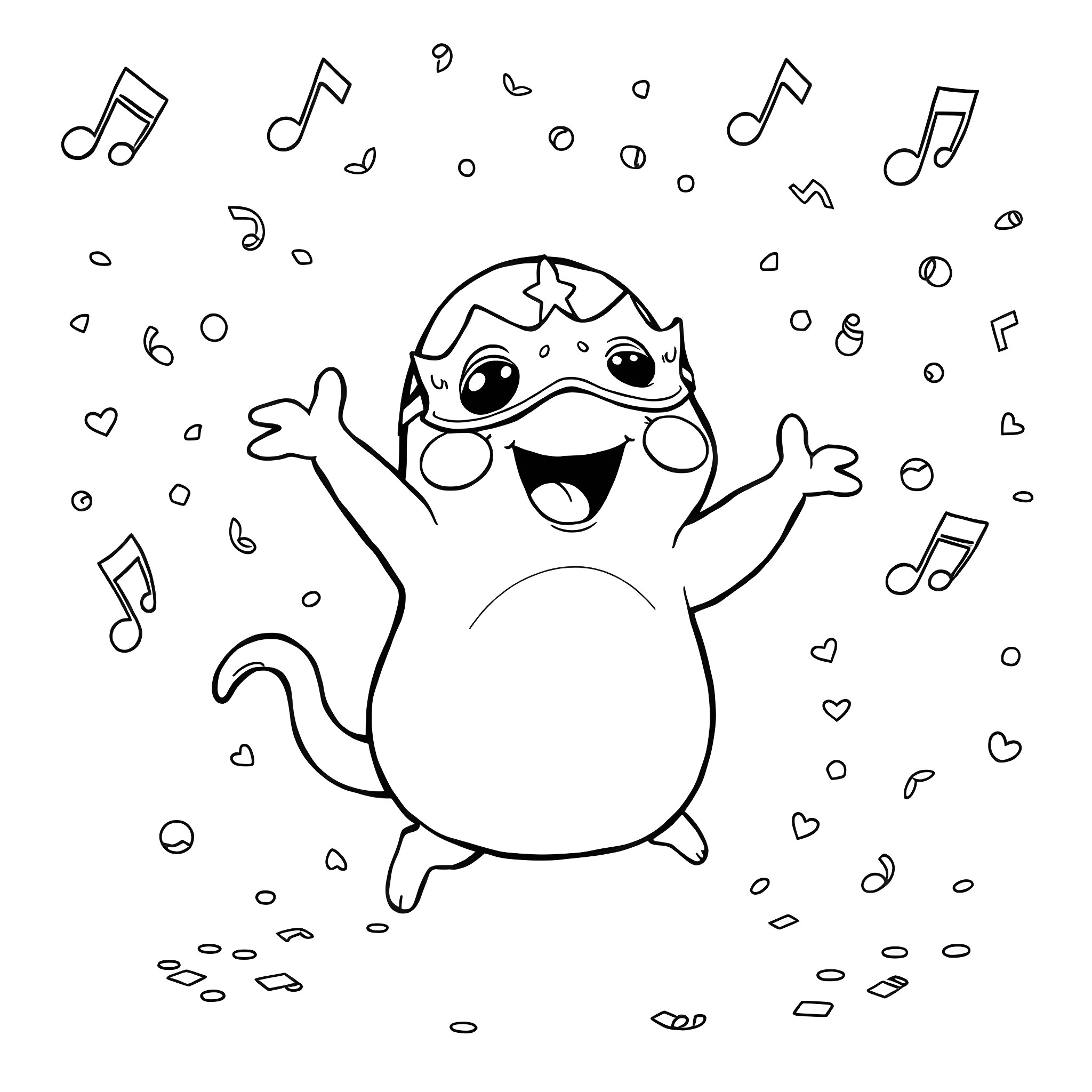Mang's Musical Dance with Whimsical Notes Coloring Page (free black-and-white line drawing printable PDF for all, from beginners to advanced learners, including children, teens, adults, and seniors)