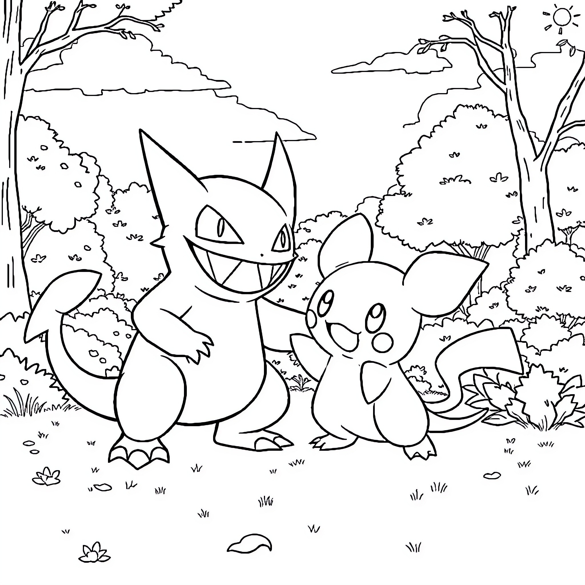 Gengar and Gastly exploring the wilderness Coloring Page (free black-and-white line drawing printable PDF for all, from beginners to advanced learners, including children, teens, adults, and seniors)