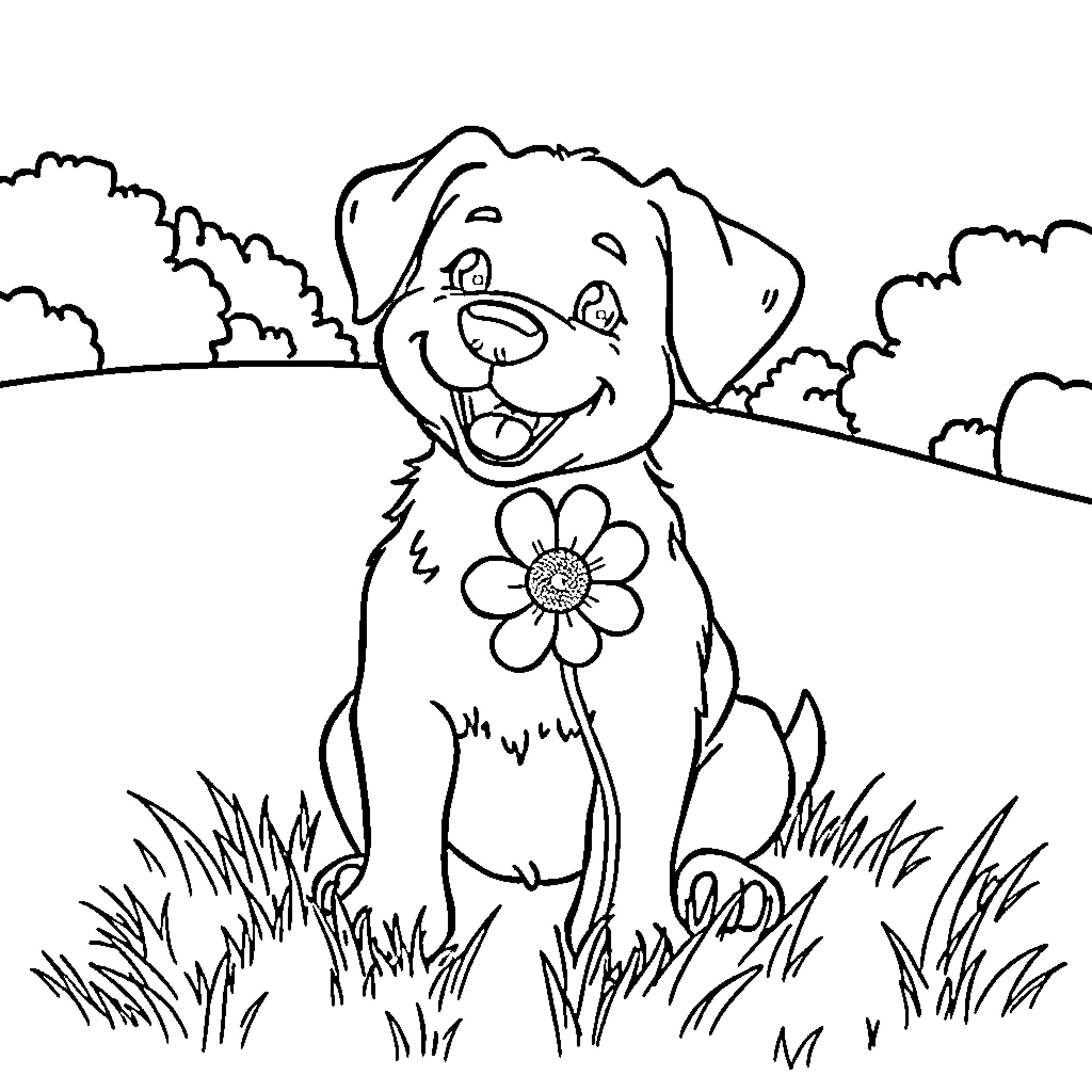 Dog with Flower Sitting in Grassy Field Coloring Page (free black-and-white line drawing printable PDF for all, from beginners to advanced learners, including children, teens, adults, and seniors)
