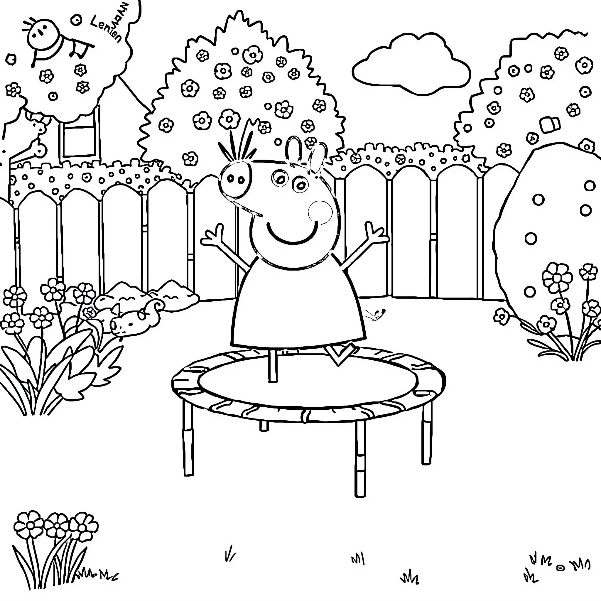 Peppa Pig jumping happily on a trampoline in the garden Coloring Page (free black-and-white line drawing printable PDF for all, from beginners to advanced learners, including children, teens, adults, and seniors)
