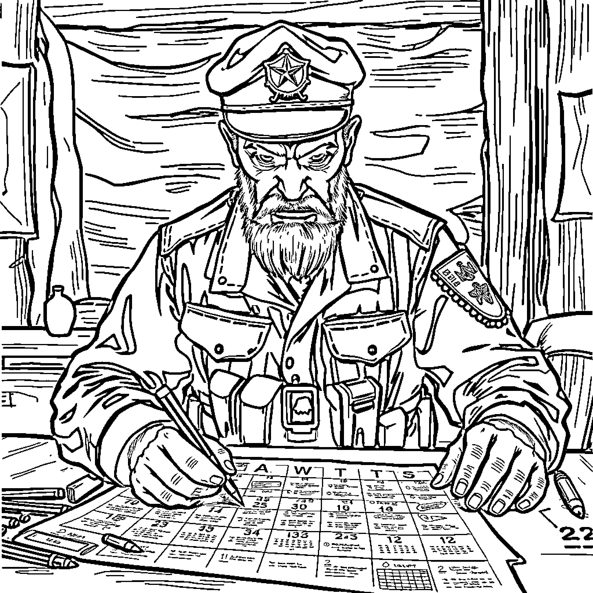 Soldier Reviewing Military Documents with Intense Focus Coloring Page (free black-and-white line drawing printable PDF for all, from beginners to advanced learners, including children, teens, adults, and seniors)