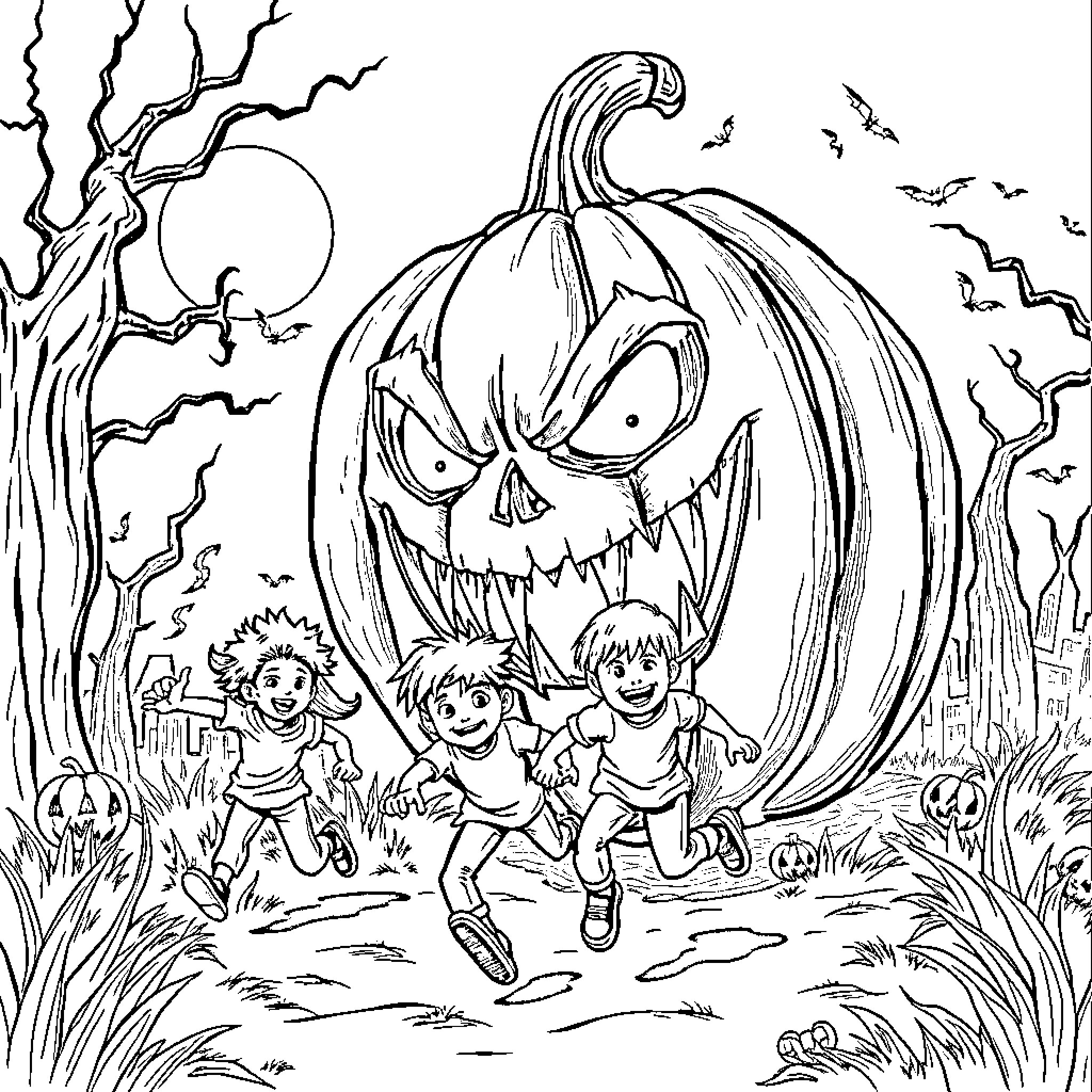 Pumpkin Terror Chasing Frightened Children Coloring Page (free black-and-white line drawing printable PDF for all, from beginners to advanced learners, including children, teens, adults, and seniors)