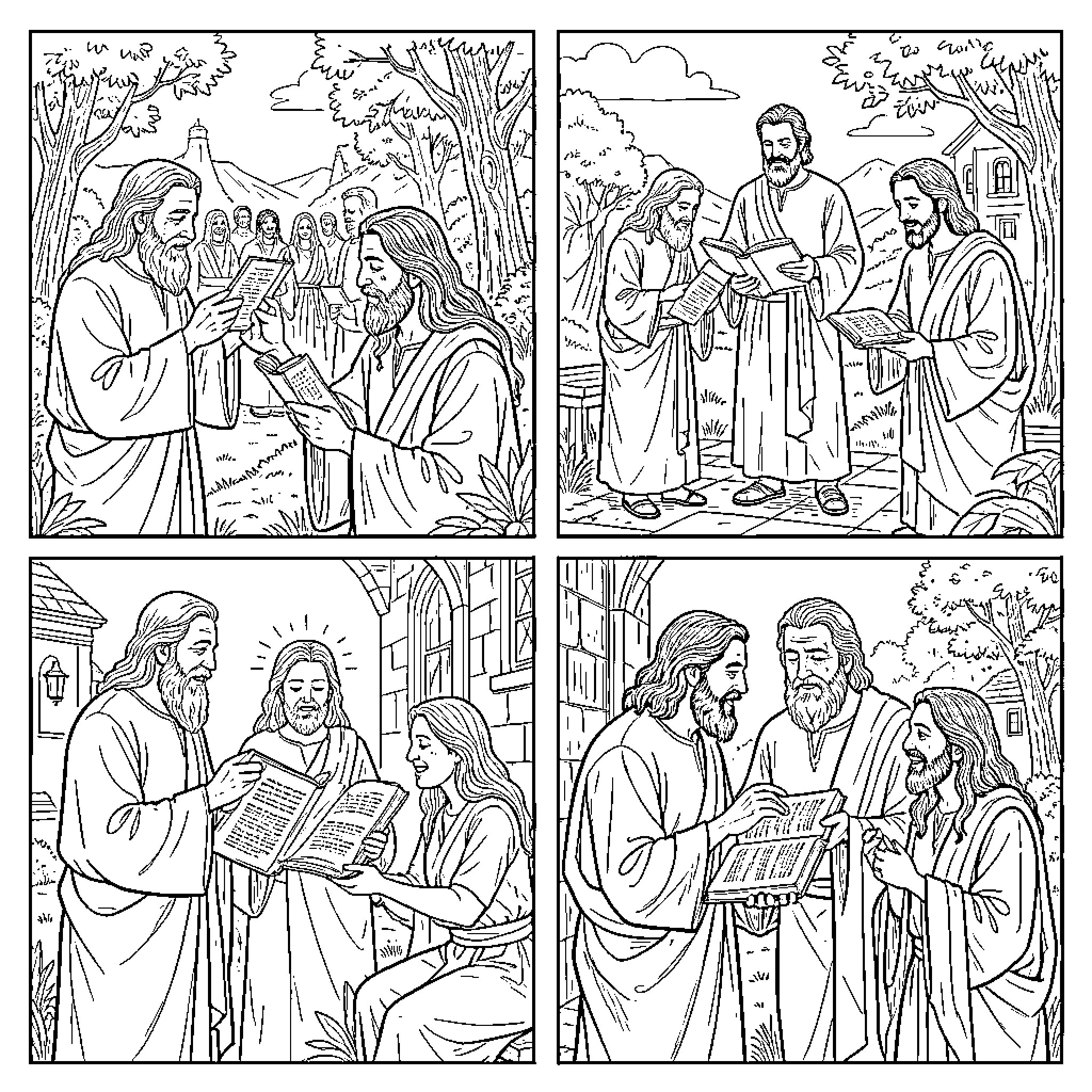 Biblia: Religious scenes of Jesus and followers Coloring Page (free black-and-white line drawing printable PDF for all, from beginners to advanced learners, including children, teens, adults, and seniors)