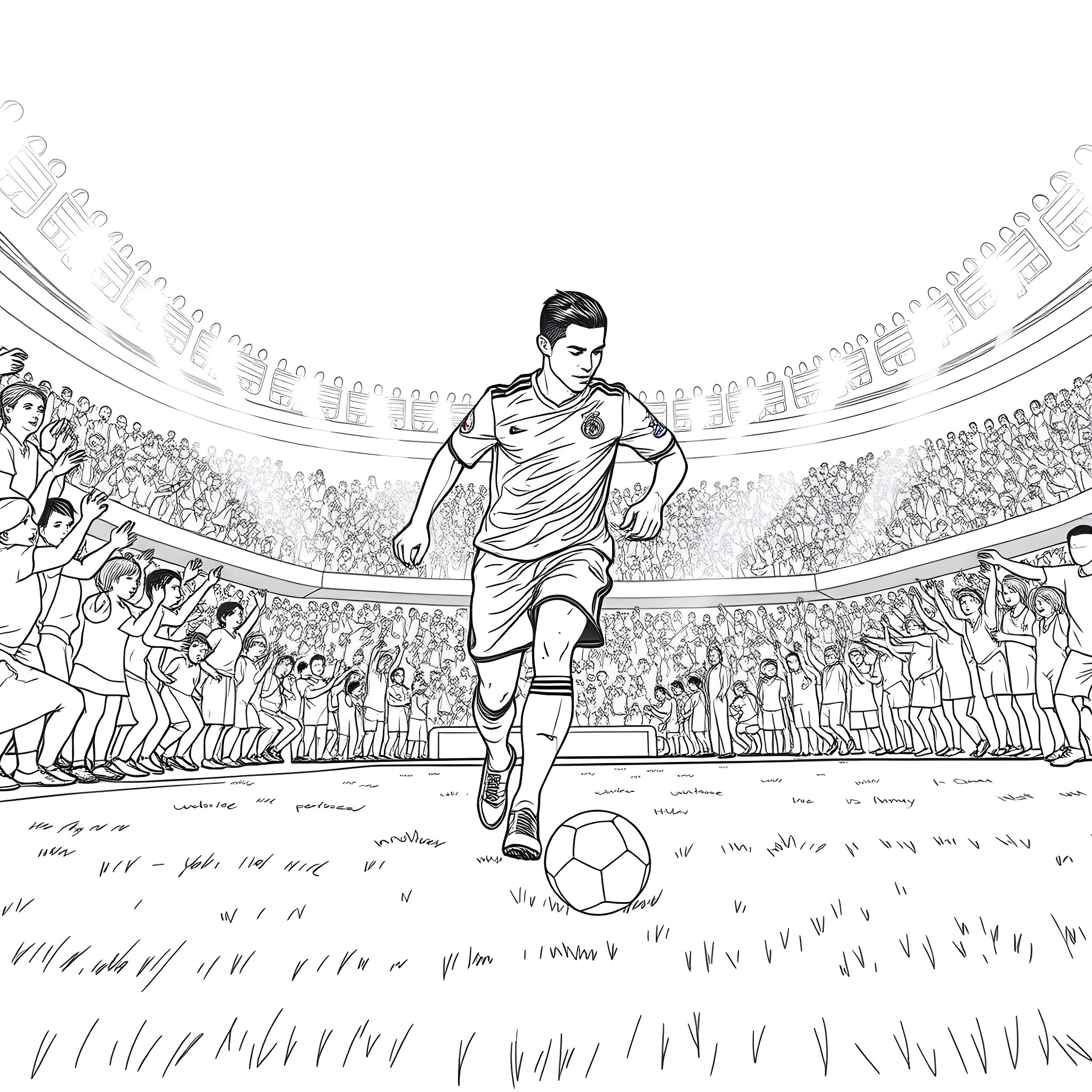 Ronaldo Running with Ball on Soccer Field Coloring Page (free black-and-white line drawing printable PDF for all, from beginners to advanced learners, including children, teens, adults, and seniors)