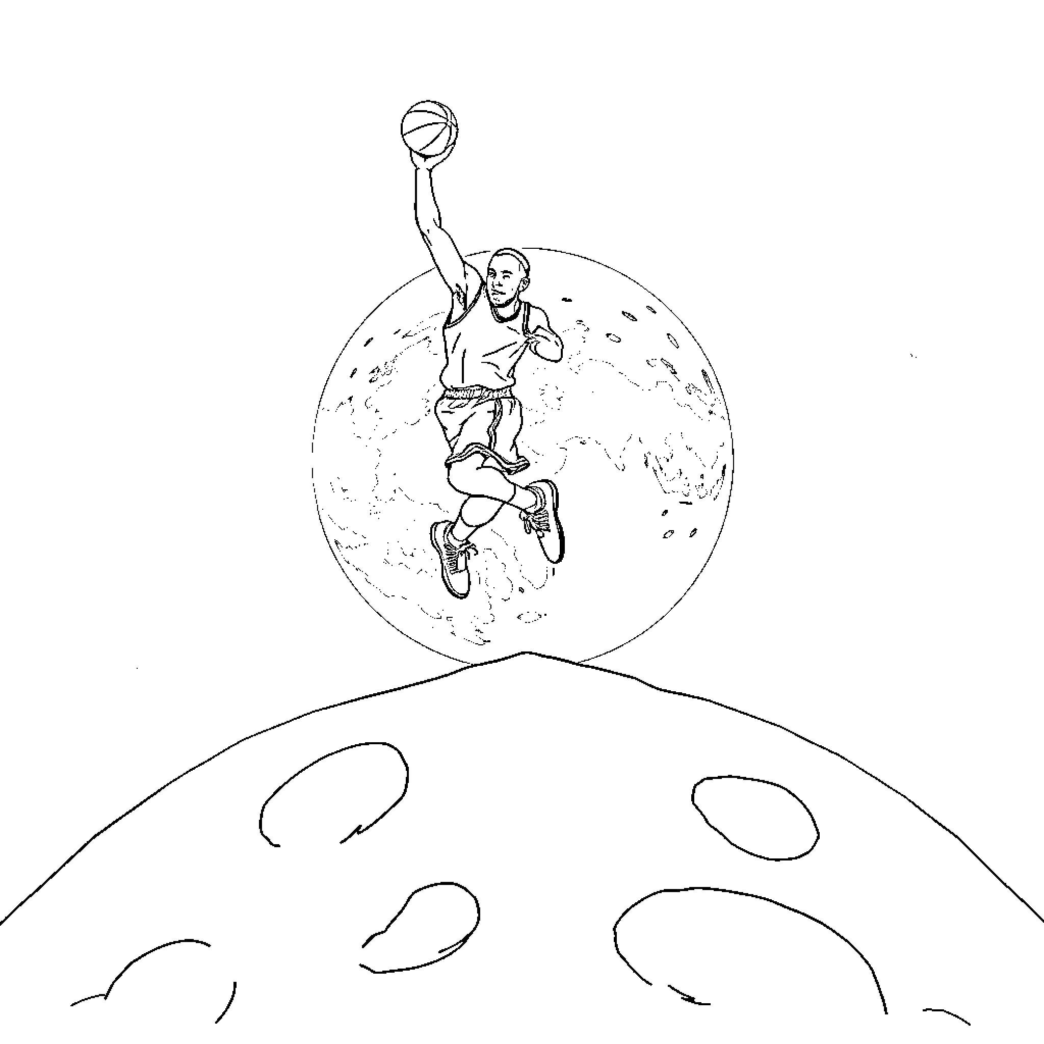 Basketball Player Dunking on the Moon Coloring Page (free black-and-white line drawing printable PDF for all, from beginners to advanced learners, including children, teens, adults, and seniors)
