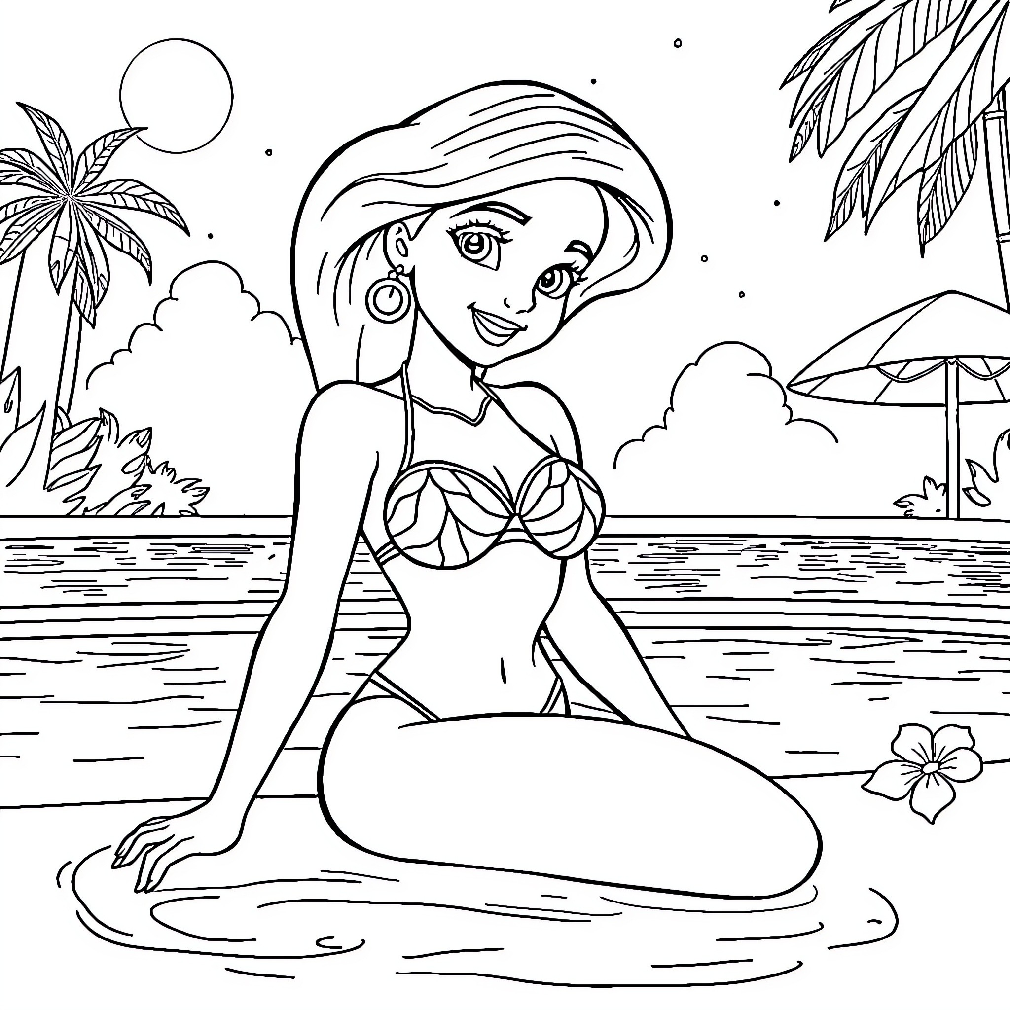 Jasmine's Tropical Beach Adventure Coloring Page (free black-and-white line drawing printable PDF for all, from beginners to advanced learners, including children, teens, adults, and seniors)