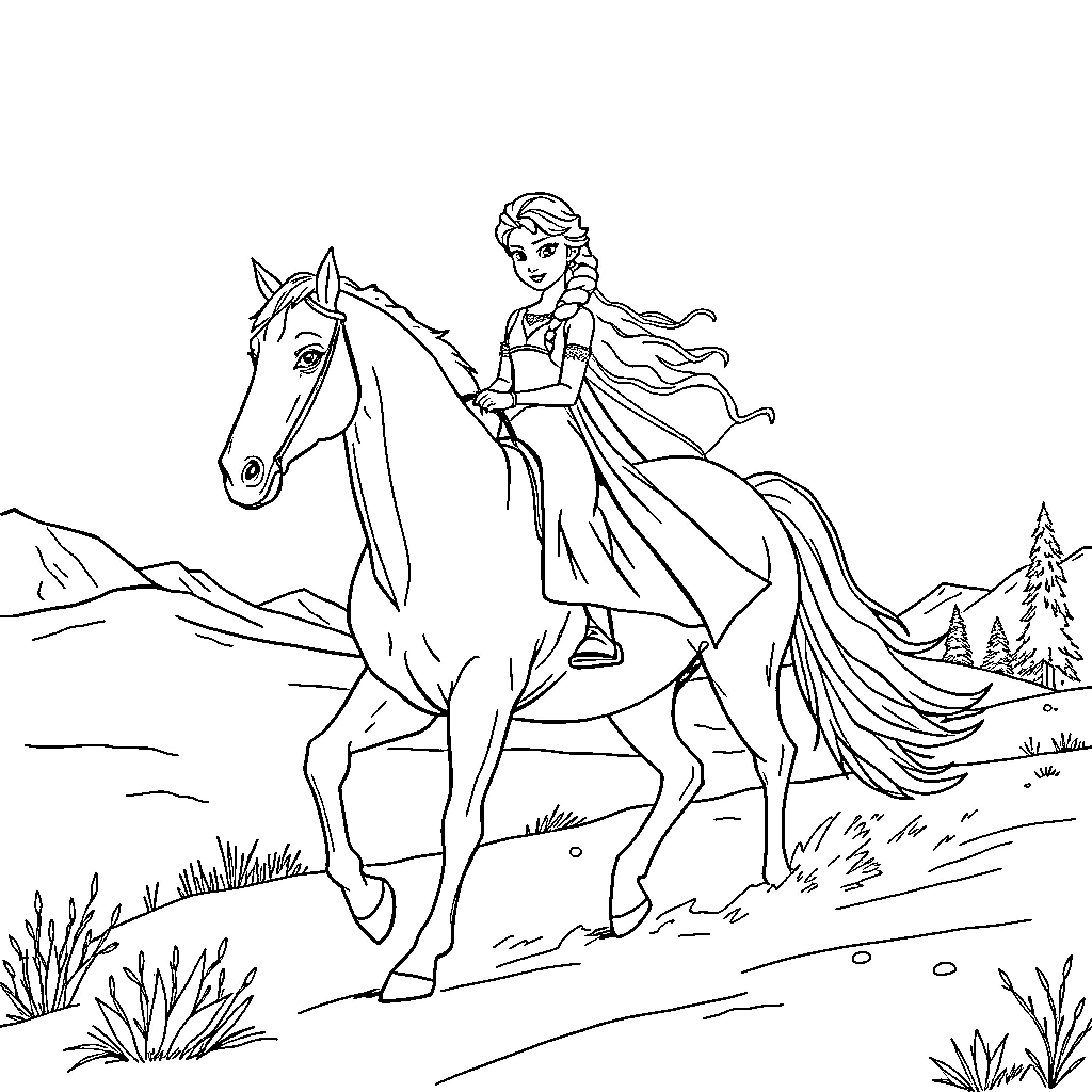 Elsa riding a graceful horse through the countryside Coloring Page (free black-and-white line drawing printable PDF for all, from beginners to advanced learners, including children, teens, adults, and seniors)