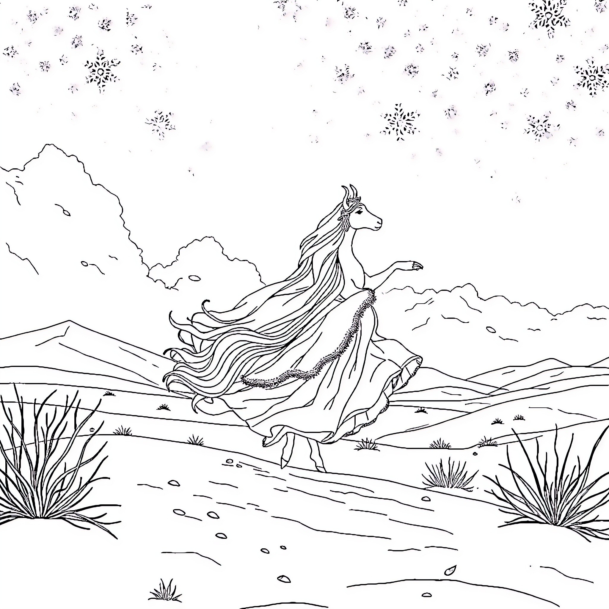 Snow Queen in a Wintry Landscape Coloring Page (free black-and-white line drawing printable PDF for all, from beginners to advanced learners, including children, teens, adults, and seniors)