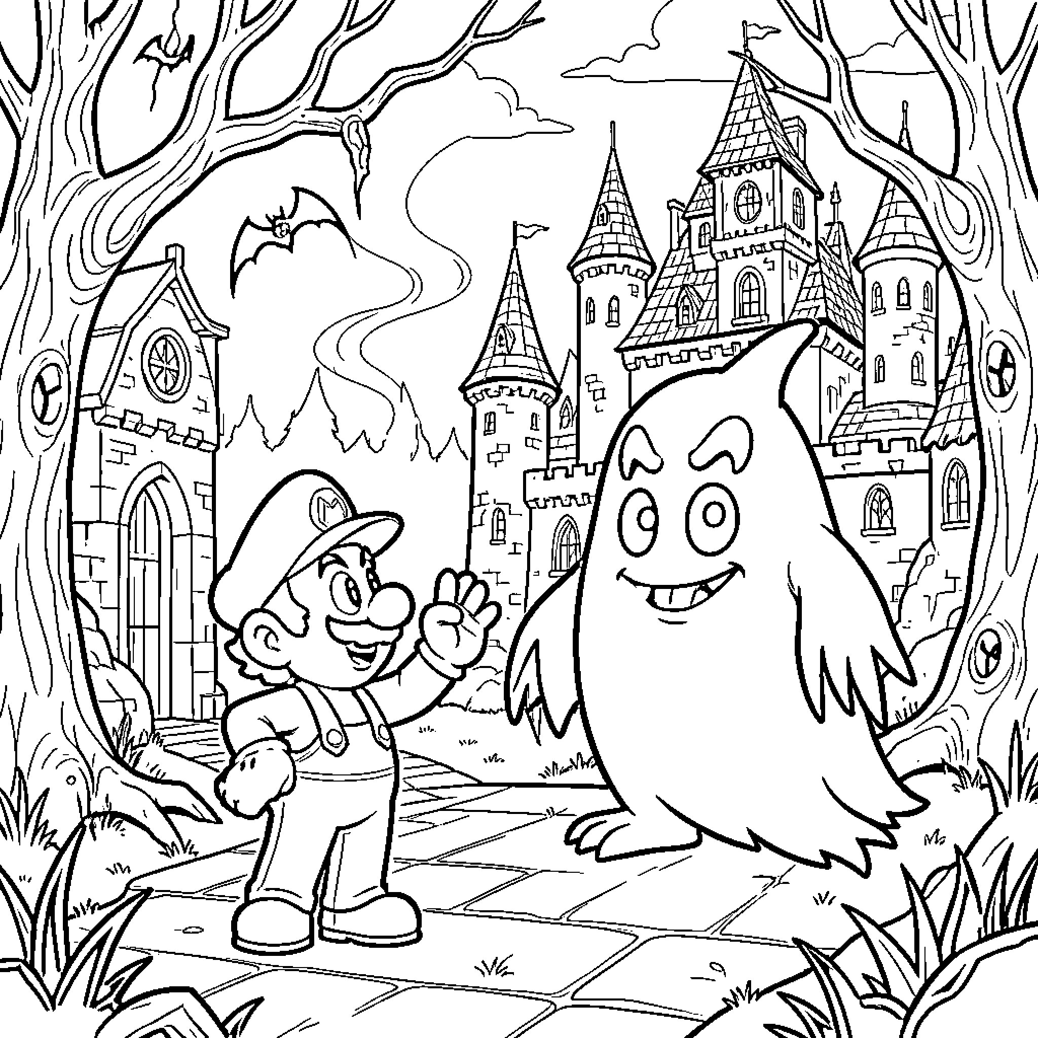 Boo! Spooky Characters at Castle Coloring Page (free black-and-white line drawing printable PDF for all, from beginners to advanced learners, including children, teens, adults, and seniors)