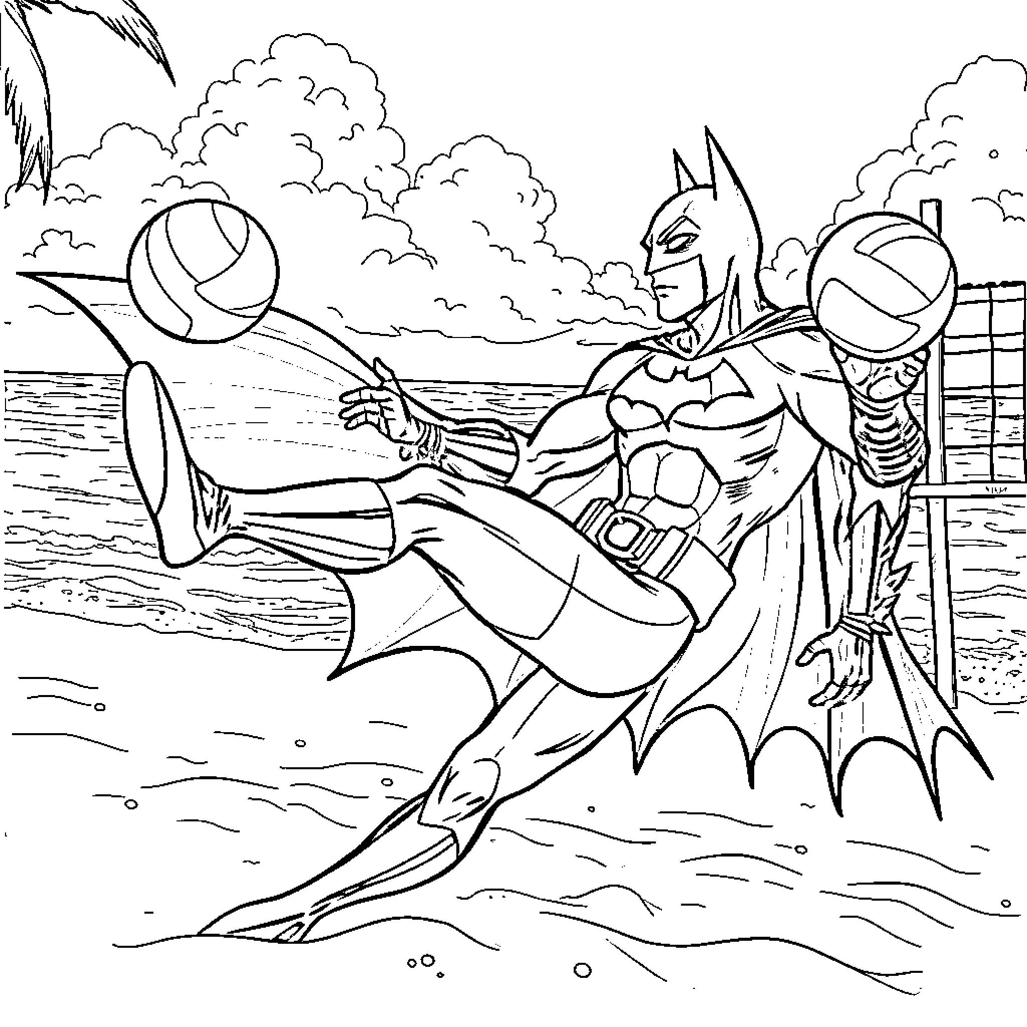Batman surfing heroically in the ocean Coloring Page (free black-and-white line drawing printable PDF for all, from beginners to advanced learners, including children, teens, adults, and seniors)