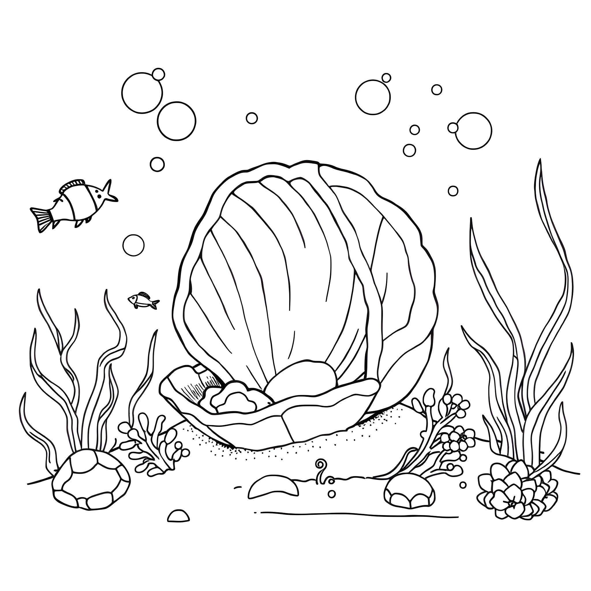 Seashell under the sea with marine life Coloring Page (free black-and-white line drawing printable PDF for all, from beginners to advanced learners, including children, teens, adults, and seniors)