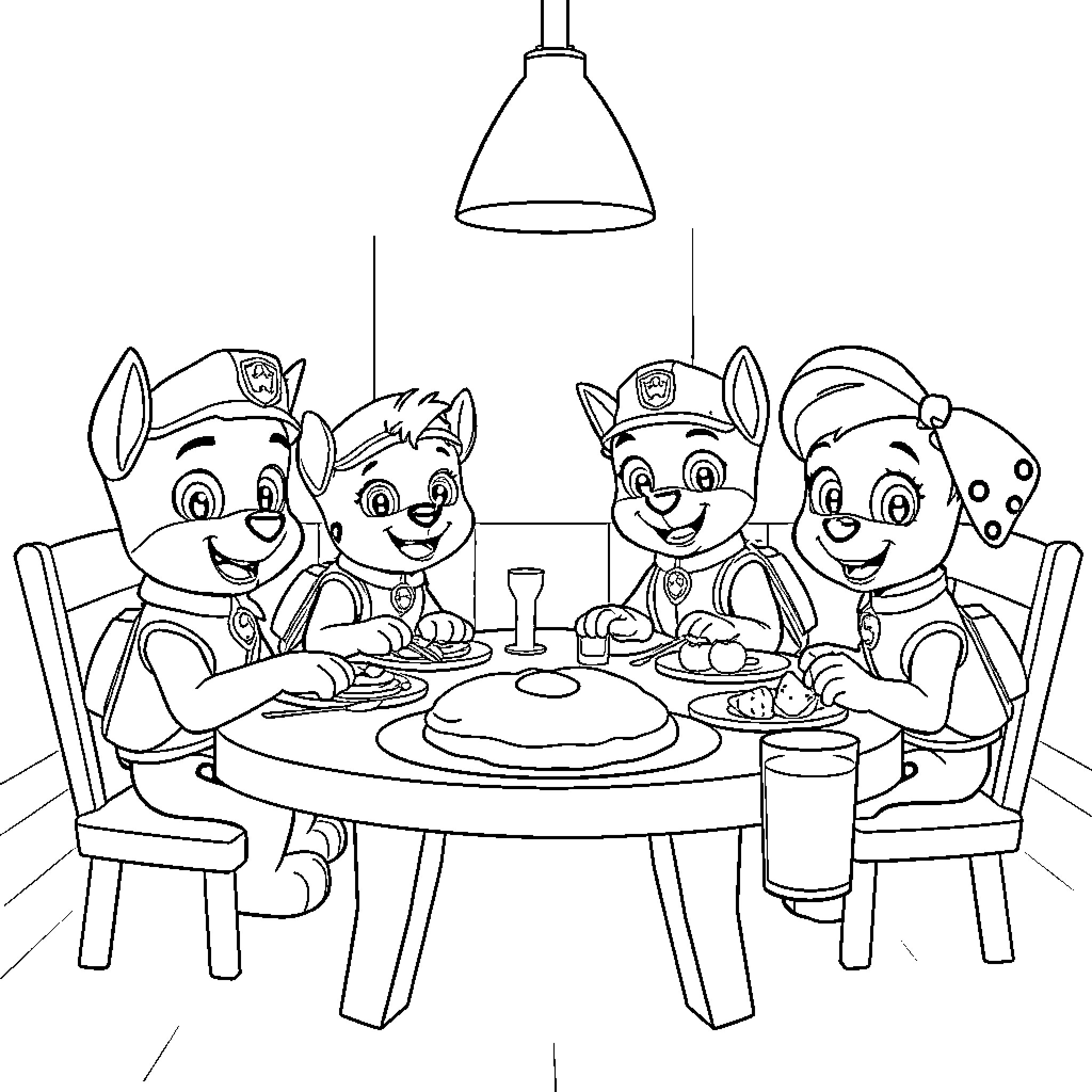 Paw Patrol Enjoying a Meal Together Coloring Page (free black-and-white line drawing printable PDF for all, from beginners to advanced learners, including children, teens, adults, and seniors)