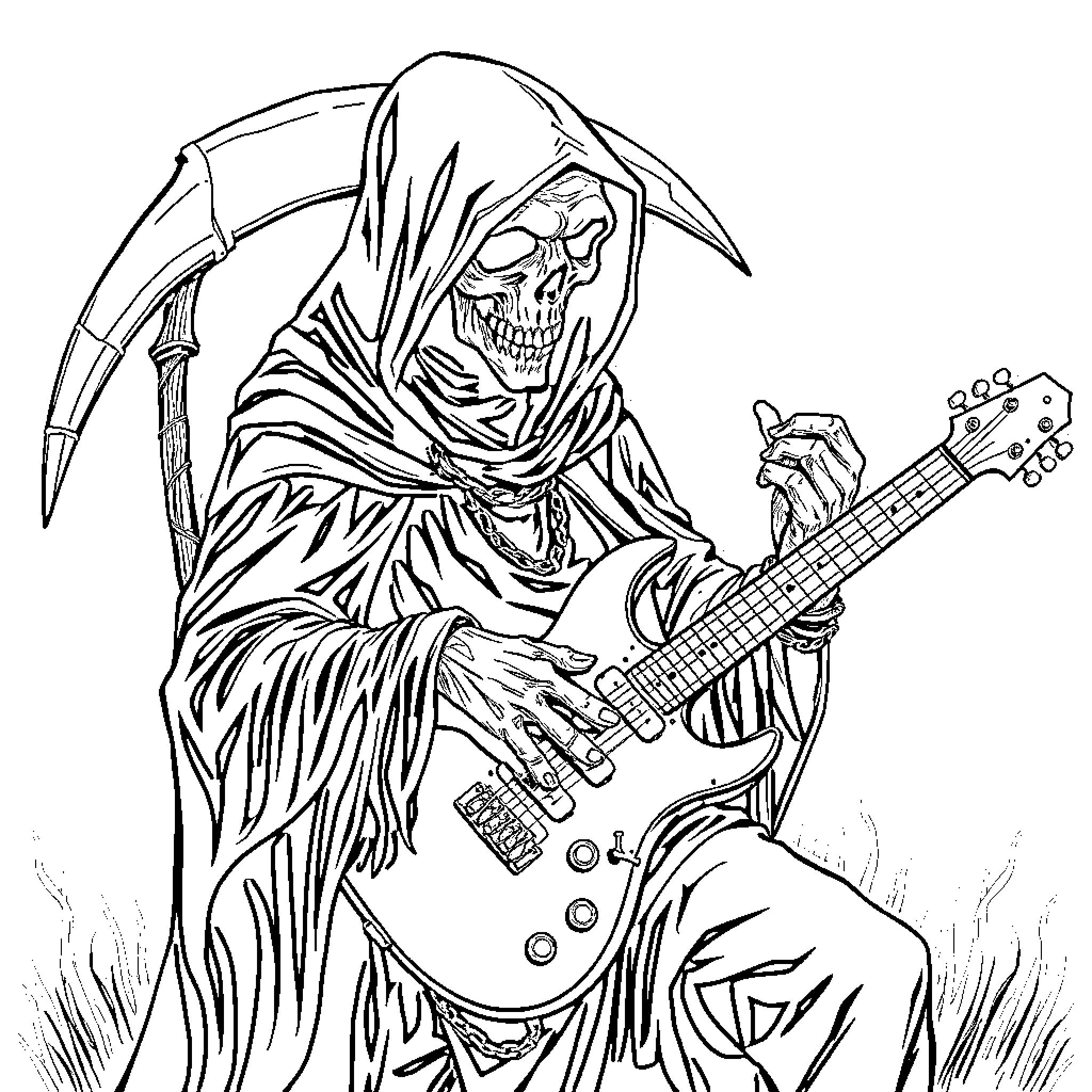 Grim Reaper shredding guitar in dark Coloring Page (free black-and-white line drawing printable PDF for all, from beginners to advanced learners, including children, teens, adults, and seniors)