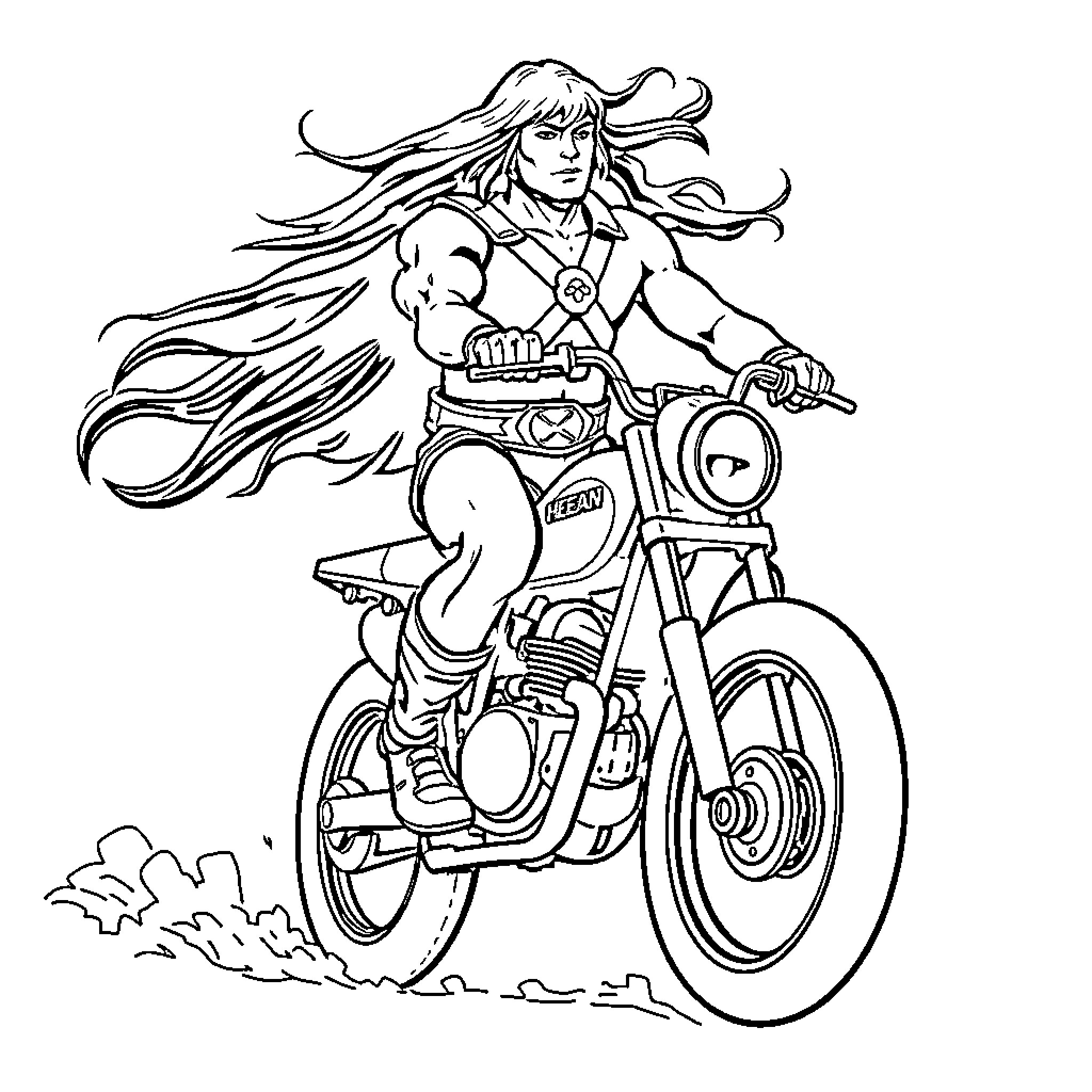 He-Man riding a motorcycle with powerful expression Coloring Page (free black-and-white line drawing printable PDF for all, from beginners to advanced learners, including children, teens, adults, and seniors)