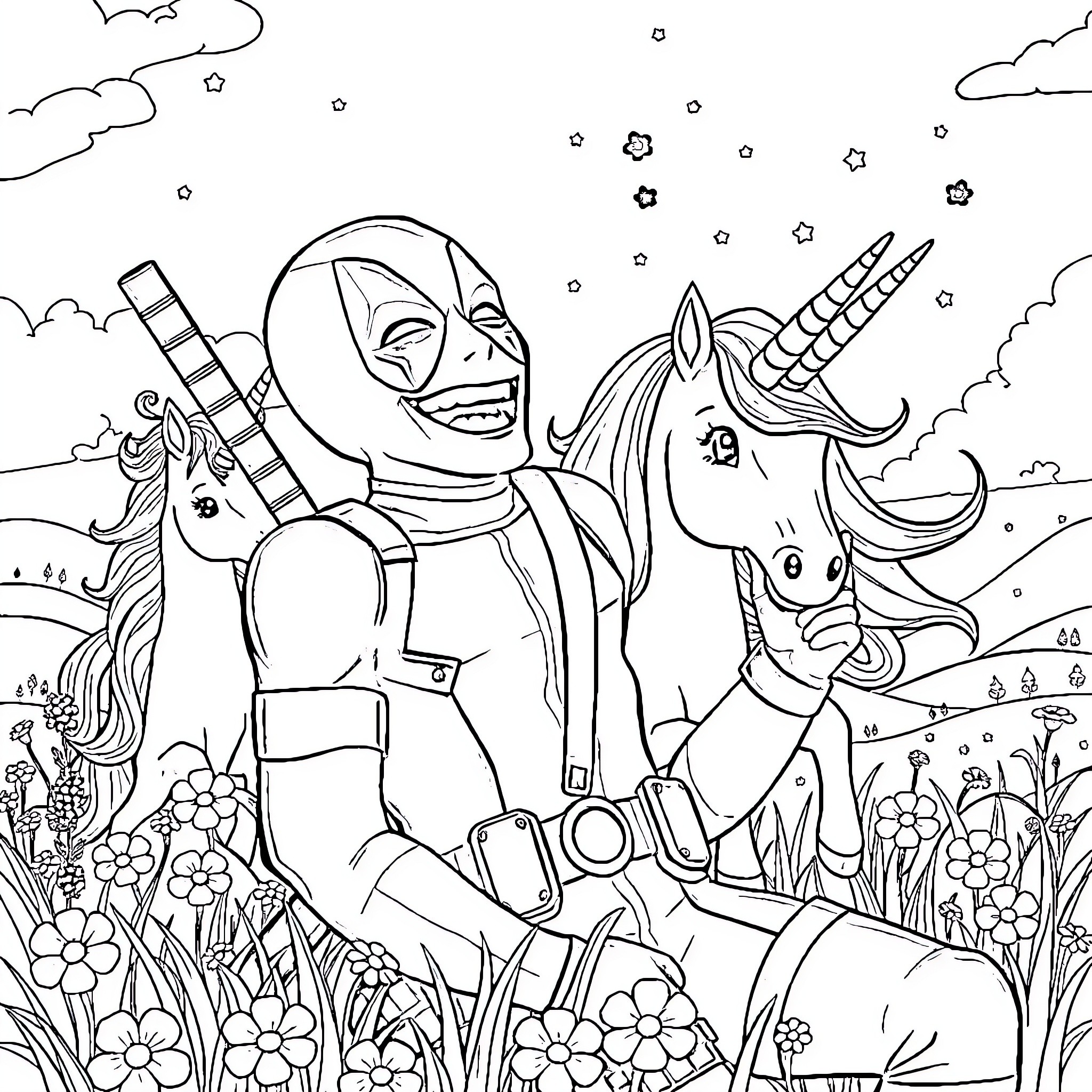 Deadpool's Fantastic Unicorn Adventure Coloring Page (free black-and-white line drawing printable PDF for all, from beginners to advanced learners, including children, teens, adults, and seniors)