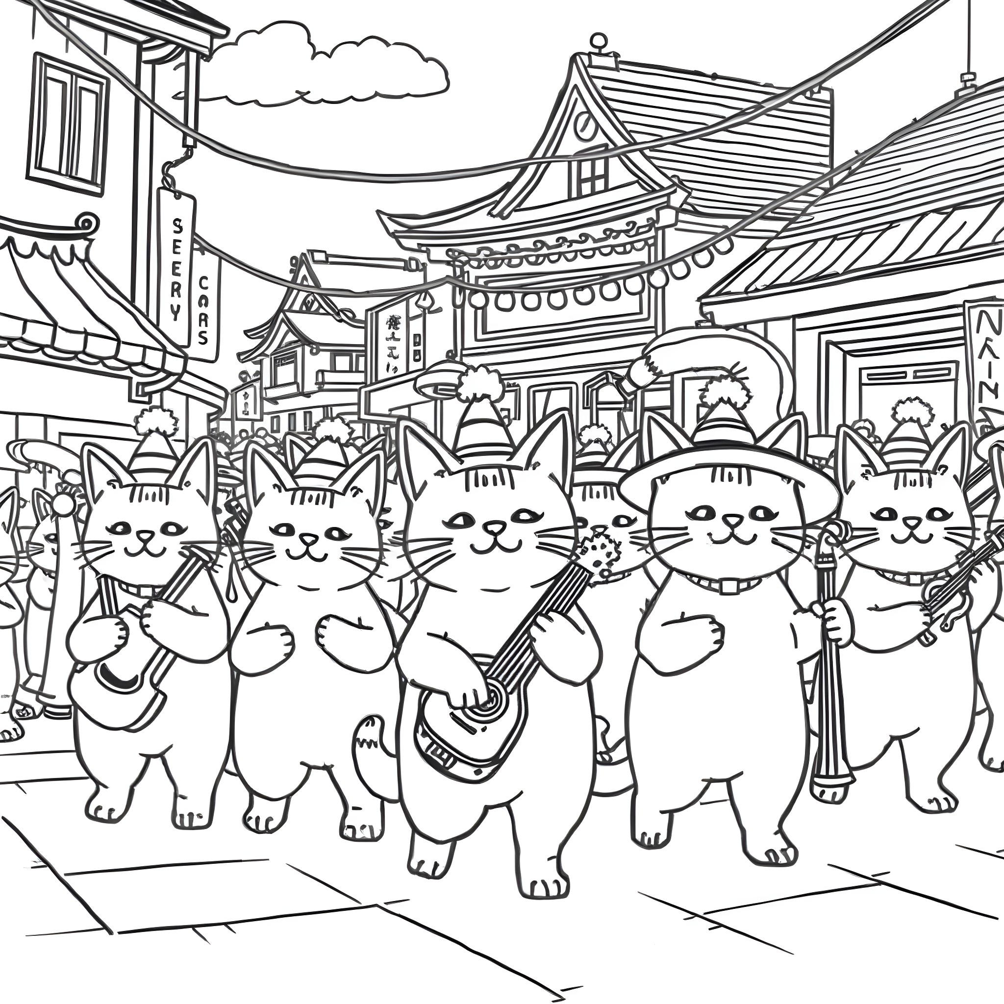 Mitchiri Neko festival with cheerful cats on the street Coloring Page (free black-and-white line drawing printable PDF for all, from beginners to advanced learners, including children, teens, adults, and seniors)
