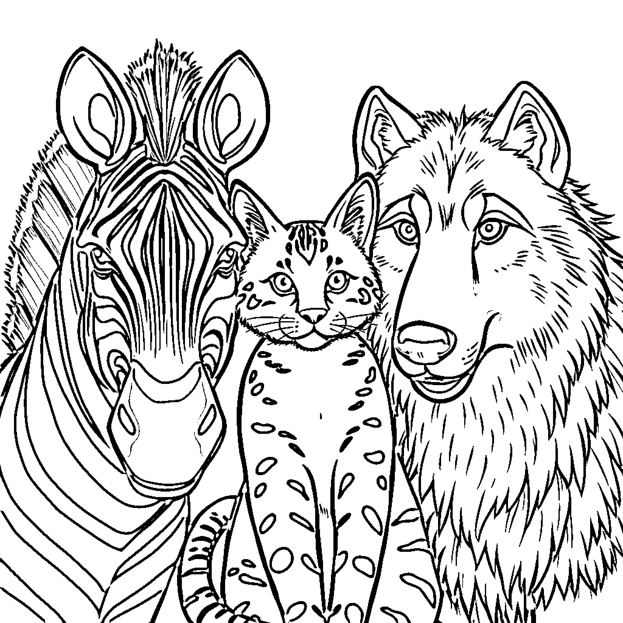 Zebra, Wolf, and Lynx in Artistic Illustration Coloring Page (free black-and-white line drawing printable PDF for all, from beginners to advanced learners, including children, teens, adults, and seniors)
