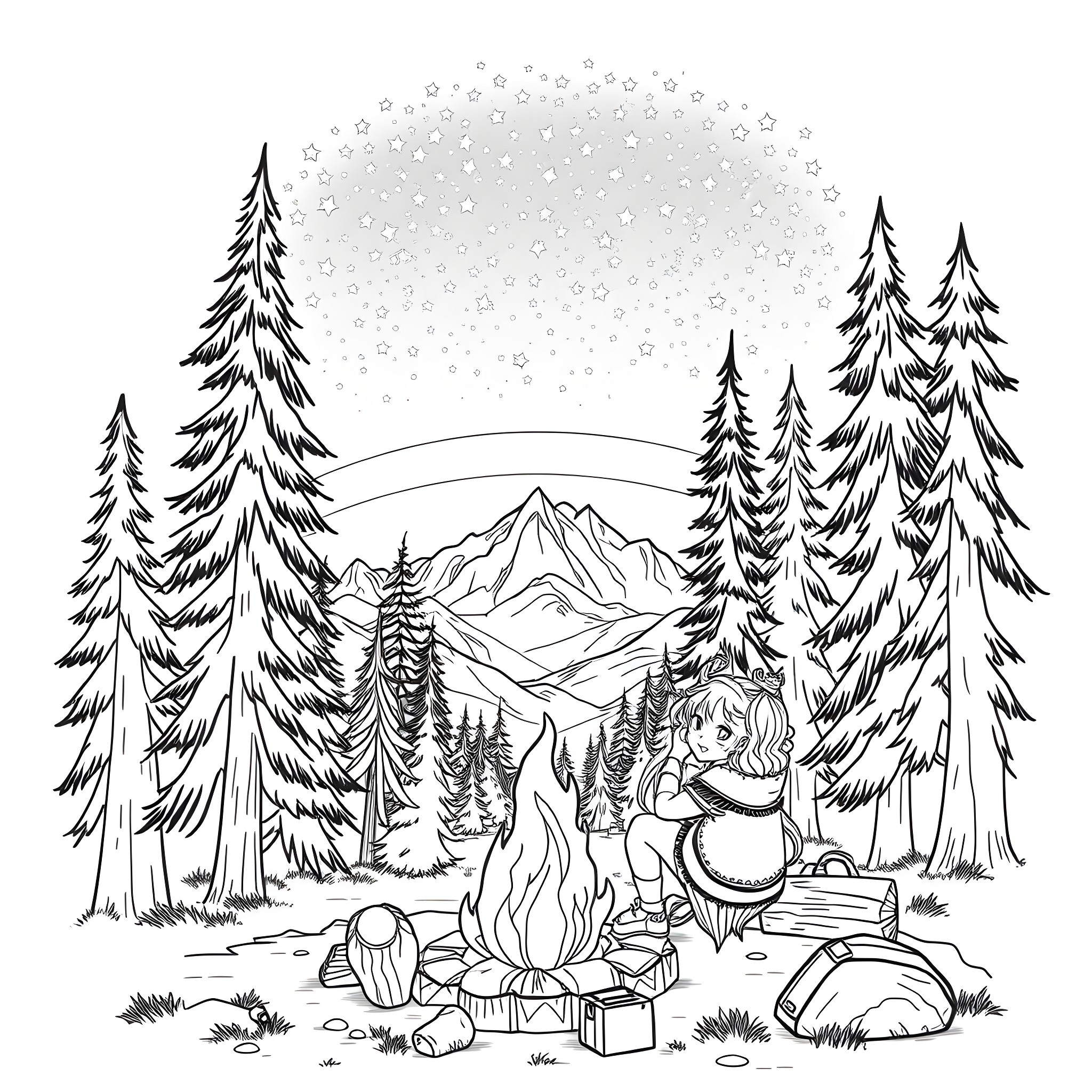 Aloy's Winter Camping Adventure Coloring Page (free black-and-white line drawing printable PDF for all, from beginners to advanced learners, including children, teens, adults, and seniors)