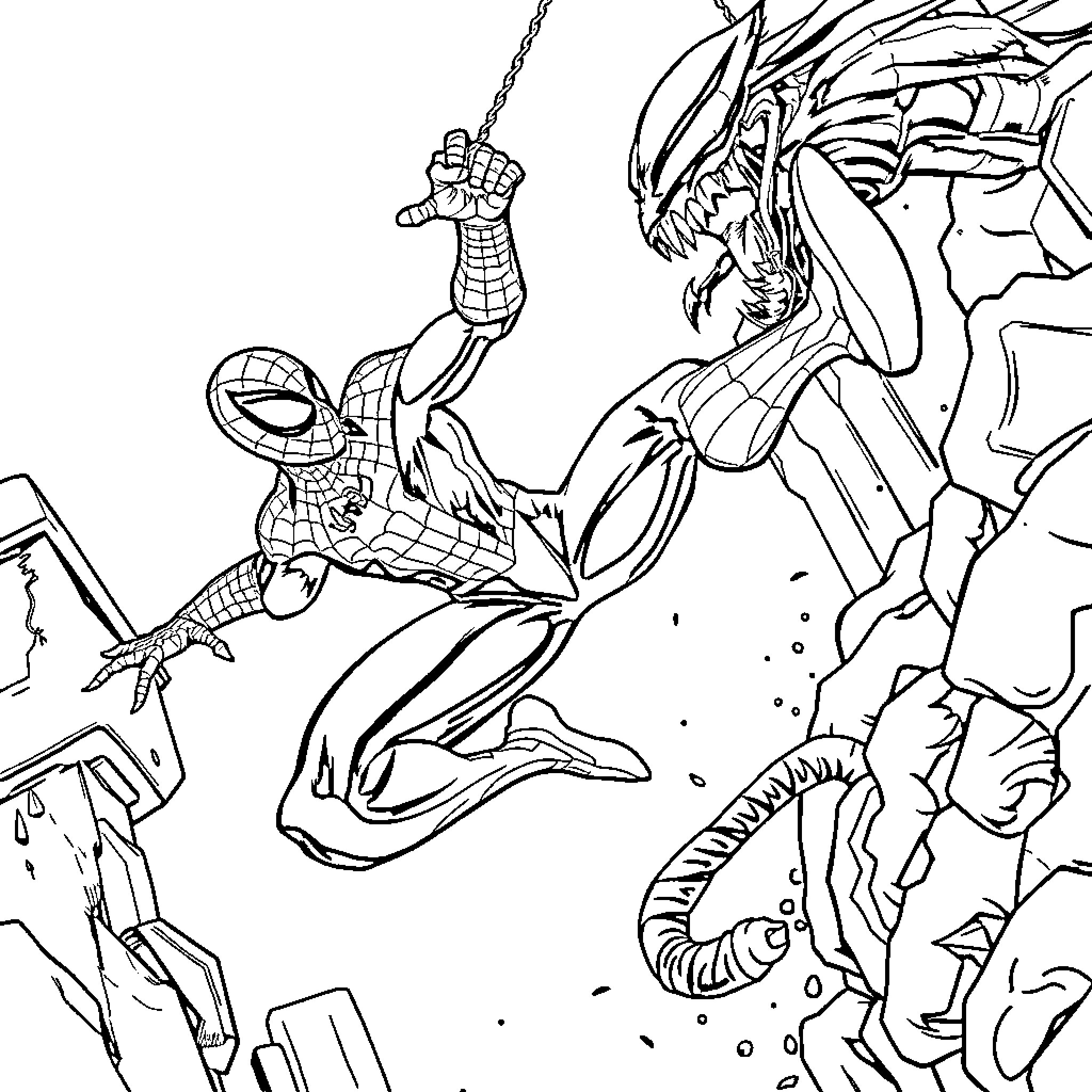 Spider-Man battles a fearsome dragon in the city Coloring Page (free black-and-white line drawing printable PDF for all, from beginners to advanced learners, including children, teens, adults, and seniors)