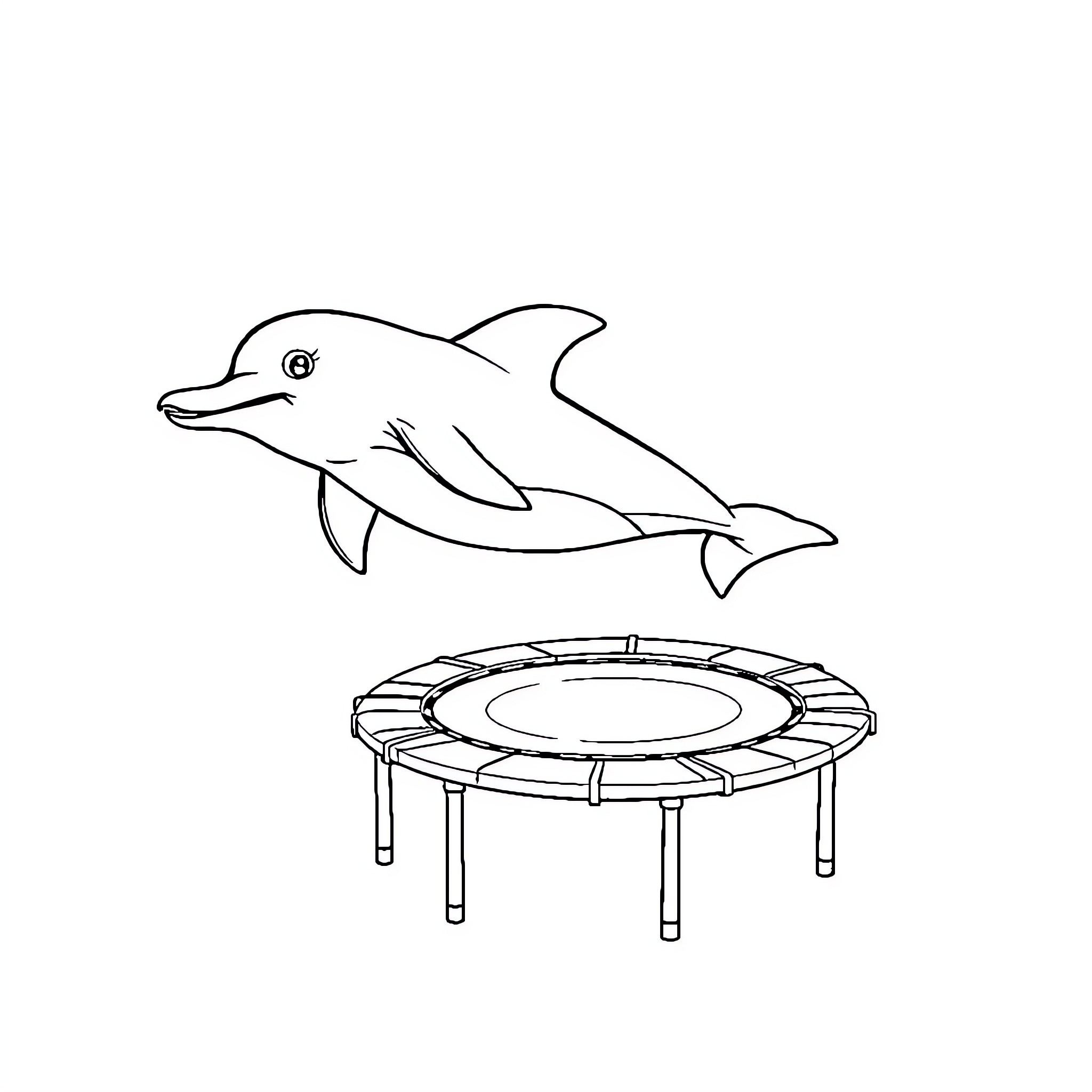 Dolphin jumping on trampoline Coloring Page (free black-and-white line drawing printable PDF for all, from beginners to advanced learners, including children, teens, adults, and seniors)