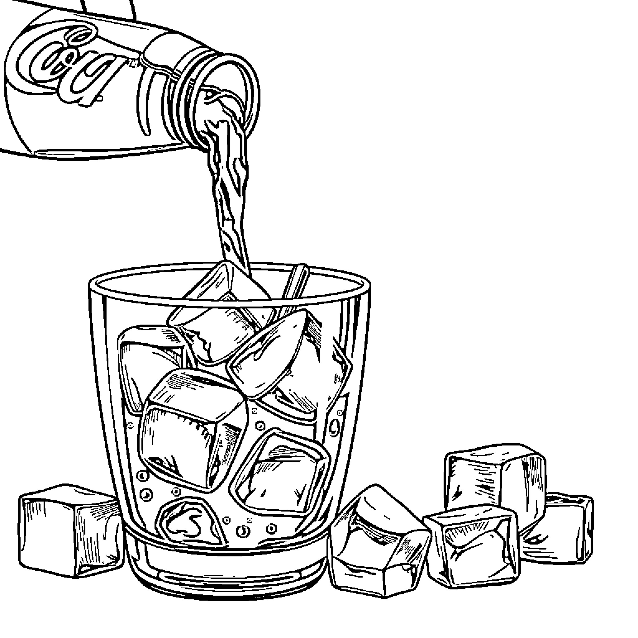 Bottle pouring drink into glass with ice cubes Coloring Page (free black-and-white line drawing printable PDF for all, from beginners to advanced learners, including children, teens, adults, and seniors)