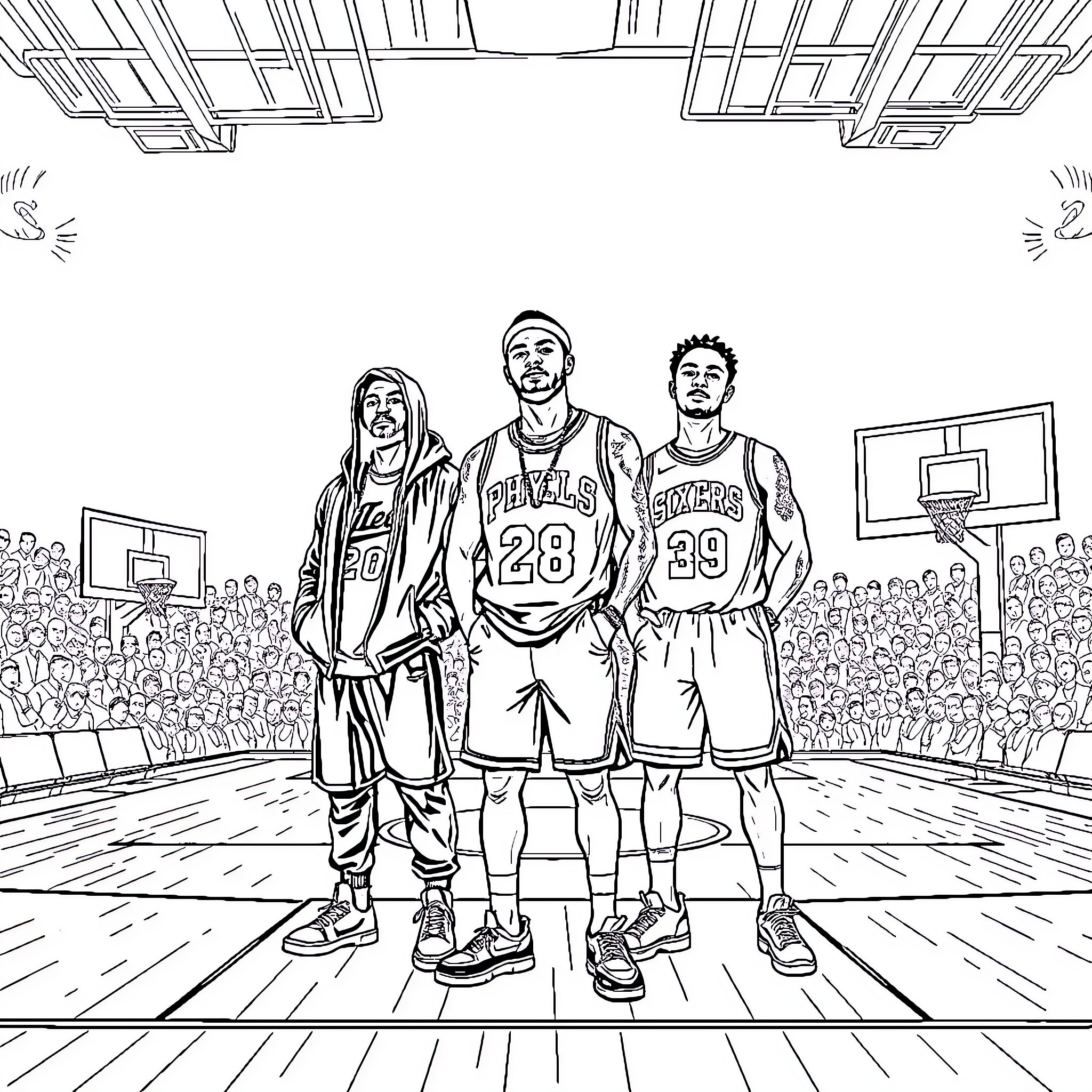 Rapper athletes compete on basketball court Coloring Page (free black-and-white line drawing printable PDF for all, from beginners to advanced learners, including children, teens, adults, and seniors)