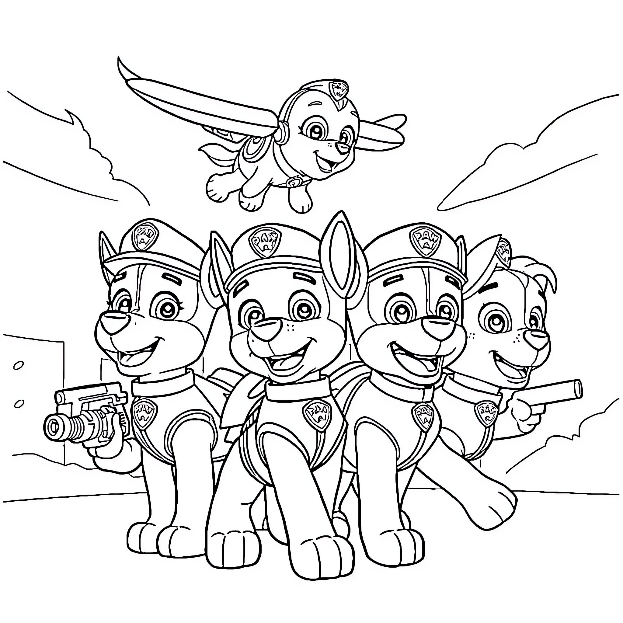 Paw Patrol Pups Ready for Adventure Coloring Page (free black-and-white line drawing printable PDF for all, from beginners to advanced learners, including children, teens, adults, and seniors)