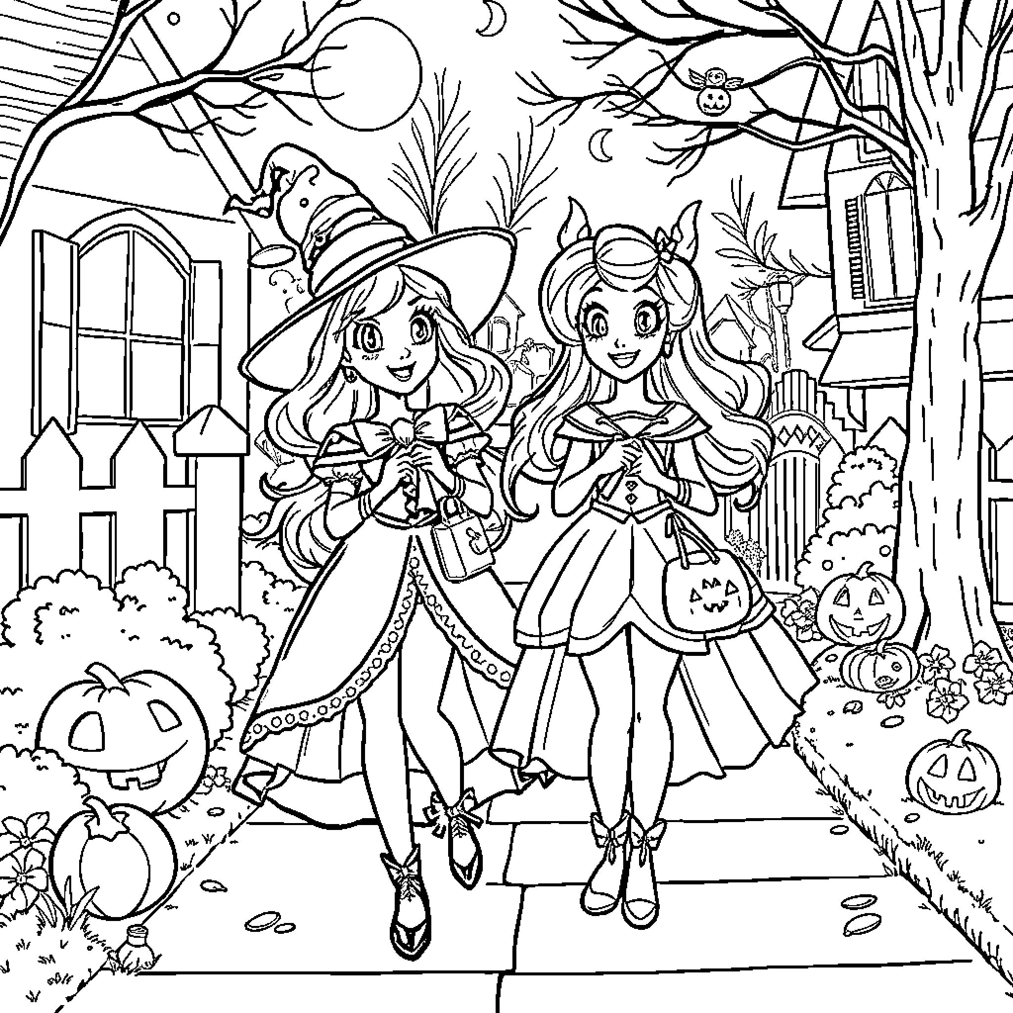 Princess Costume Party in the Night Coloring Page (free black-and-white line drawing printable PDF for all, from beginners to advanced learners, including children, teens, adults, and seniors)