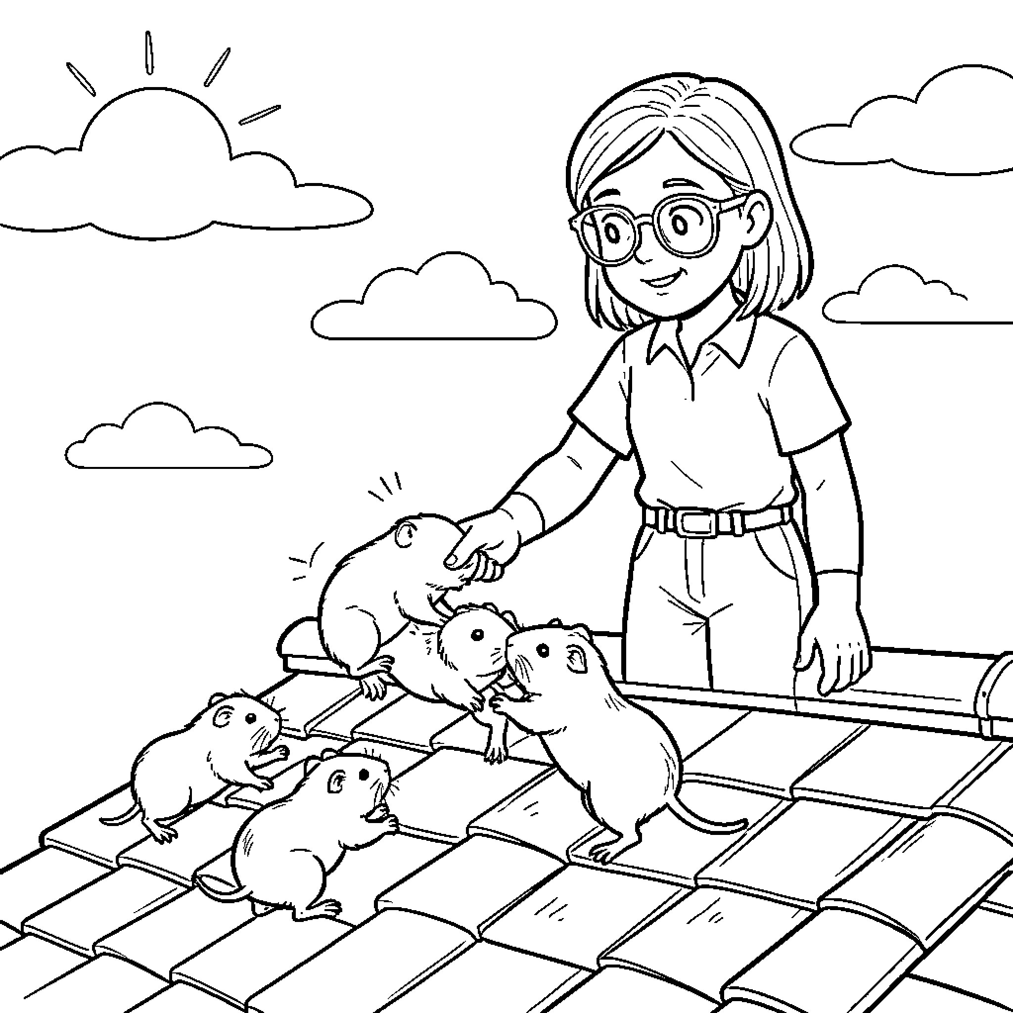 Guinea Pig Family Playing on the Playground Coloring Page (free black-and-white line drawing printable PDF for all, from beginners to advanced learners, including children, teens, adults, and seniors)