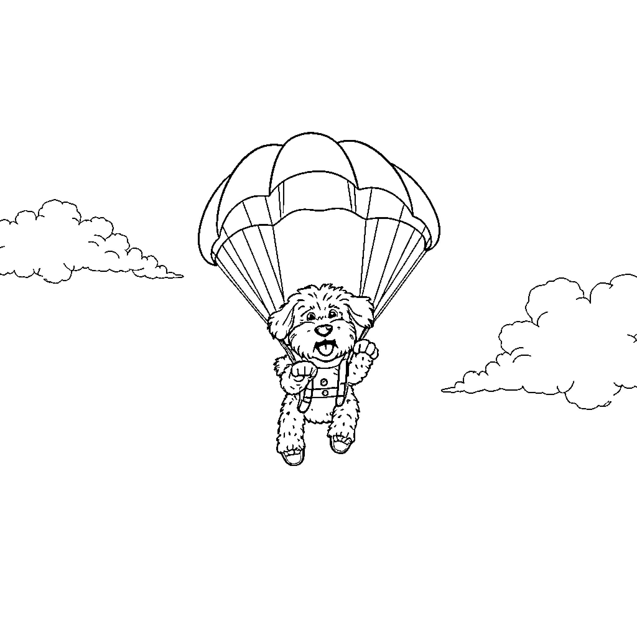 Labradoodle skydiving in the clouds Coloring Page (free black-and-white line drawing printable PDF for all, from beginners to advanced learners, including children, teens, adults, and seniors)