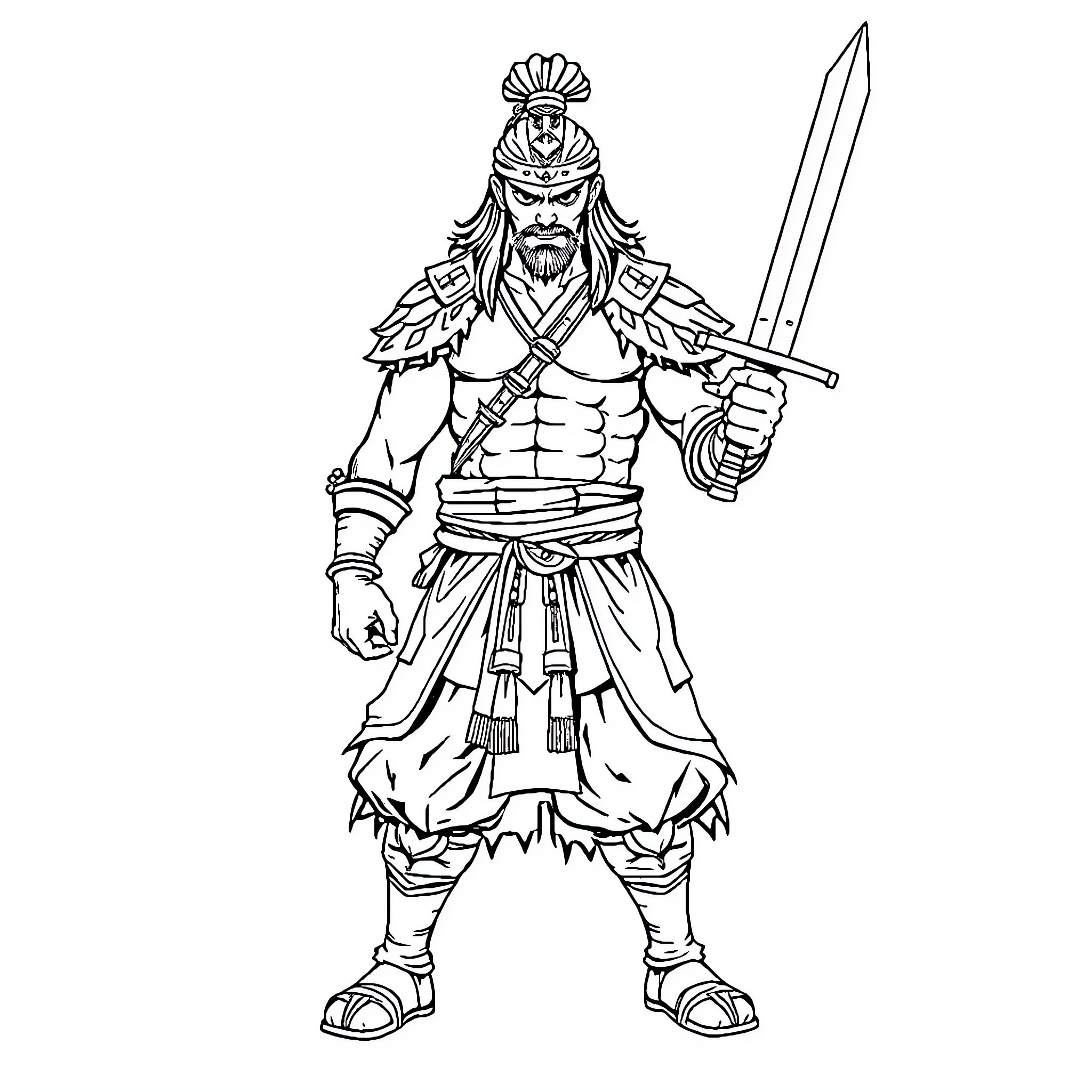 Oda the Fierce Warrior in Battle Stance Coloring Page (free black-and-white line drawing printable PDF for all, from beginners to advanced learners, including children, teens, adults, and seniors)