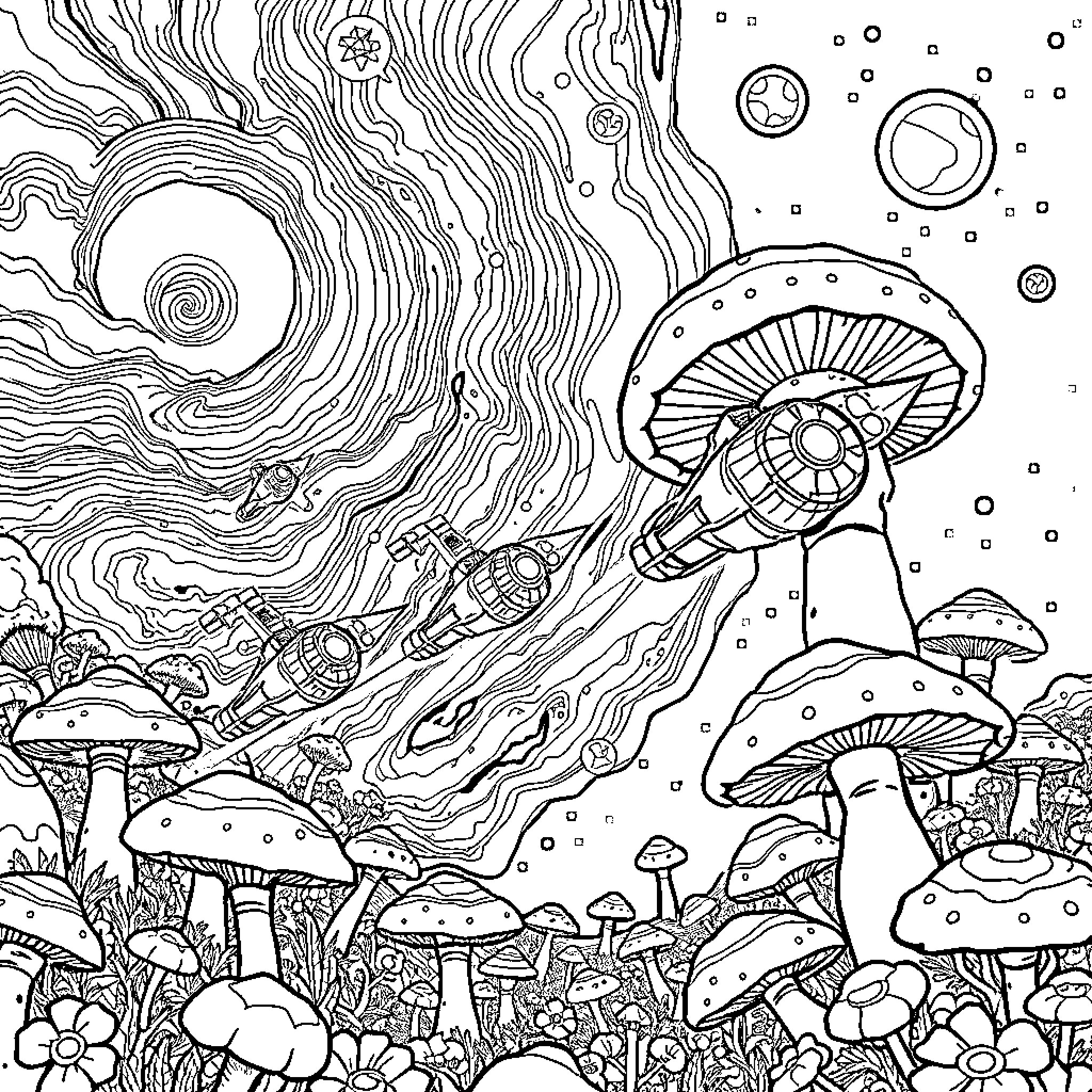Spaceship explores mystical mushroom forest Coloring Page (free black-and-white line drawing printable PDF for all, from beginners to advanced learners, including children, teens, adults, and seniors)