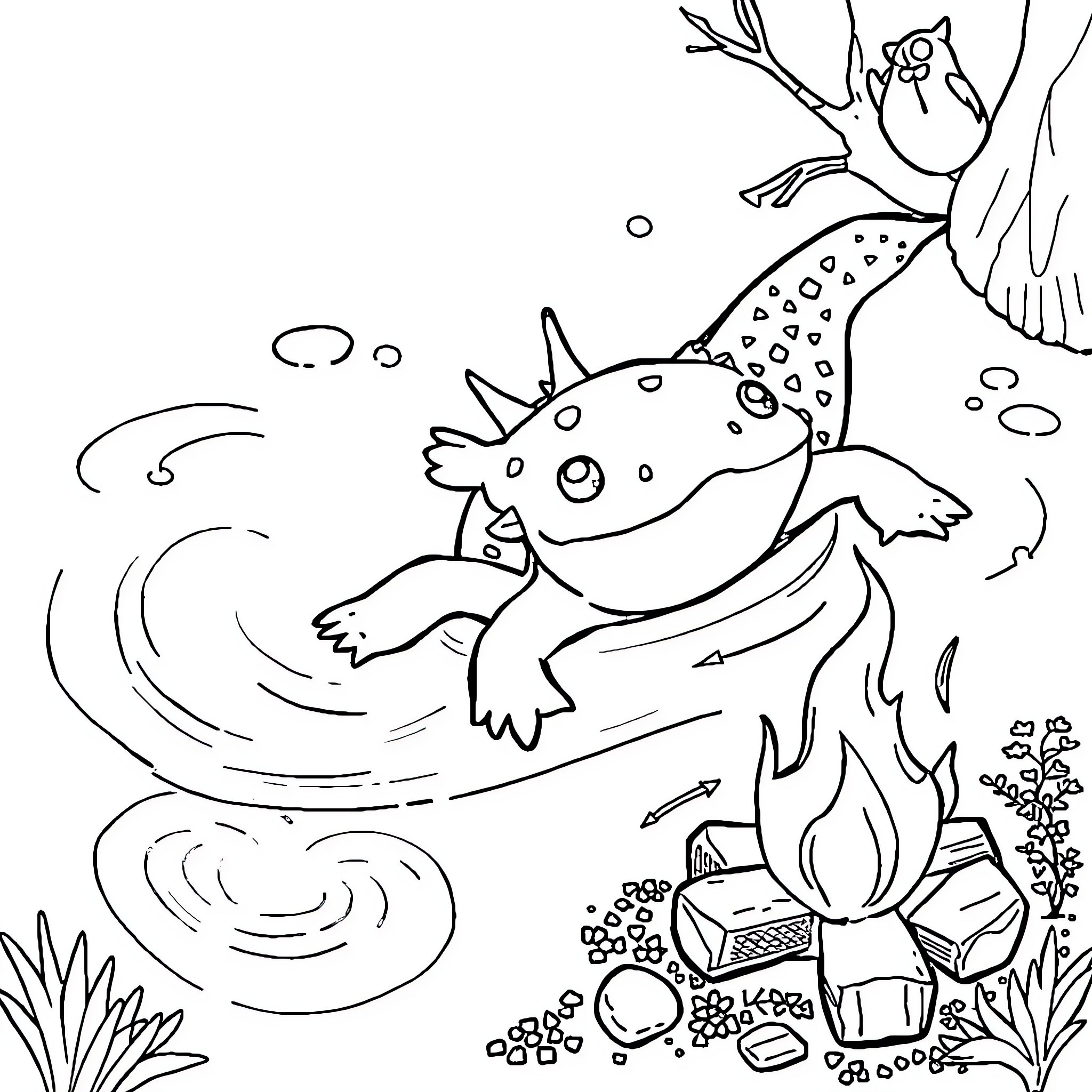 Axolotl swimming in the underwater scene Coloring Page (free black-and-white line drawing printable PDF for all, from beginners to advanced learners, including children, teens, adults, and seniors)