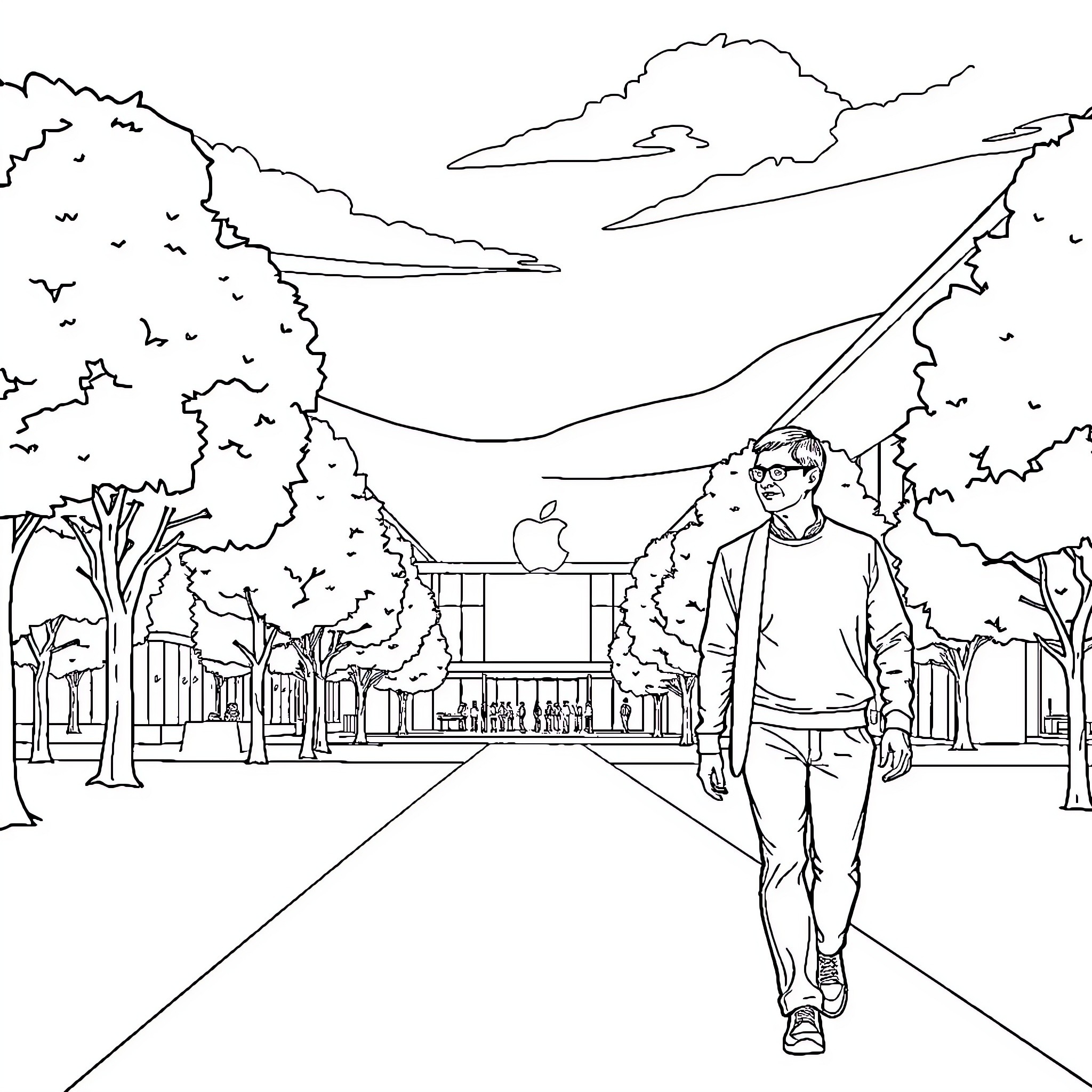 Apple Park: Person walking through scenic campus Coloring Page (free black-and-white line drawing printable PDF for all, from beginners to advanced learners, including children, teens, adults, and seniors)