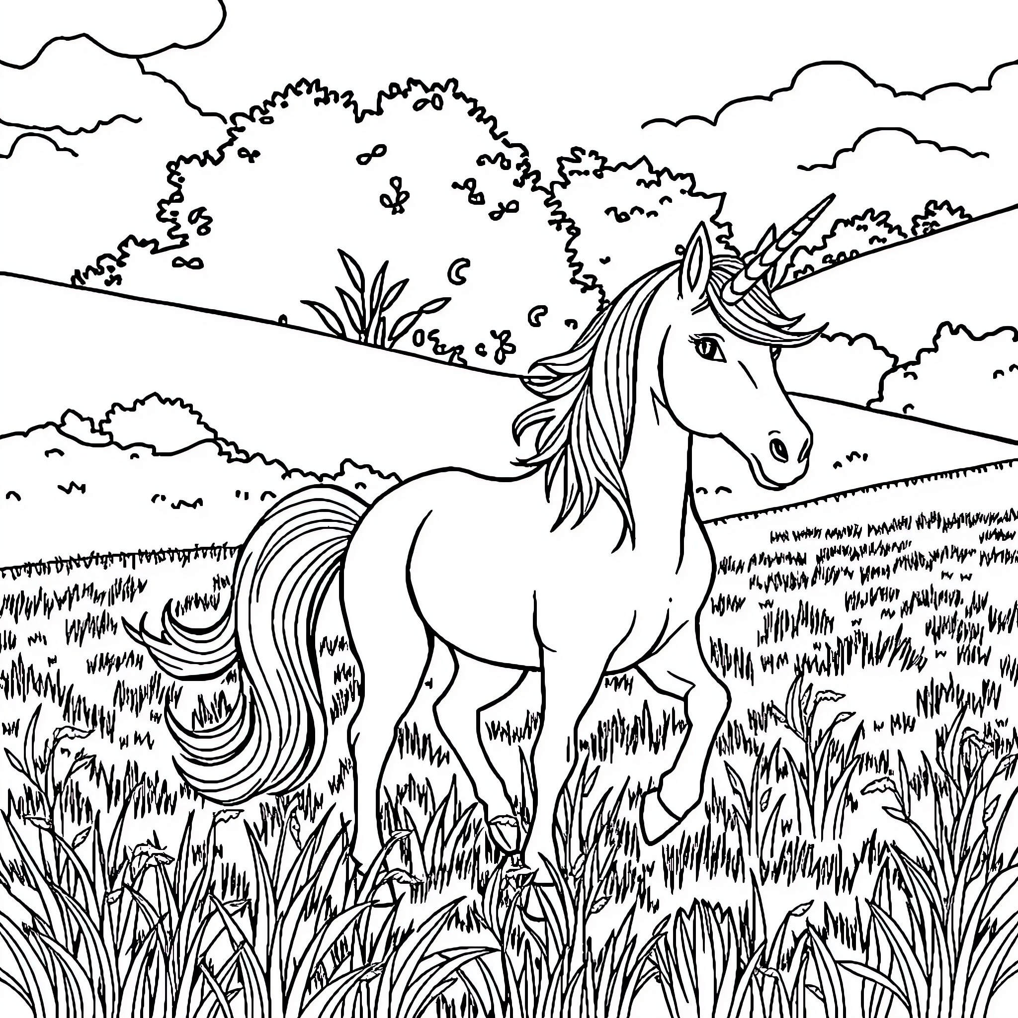 Unicorn standing majestically in a serene landscape Coloring Page (free black-and-white line drawing printable PDF for all, from beginners to advanced learners, including children, teens, adults, and seniors)