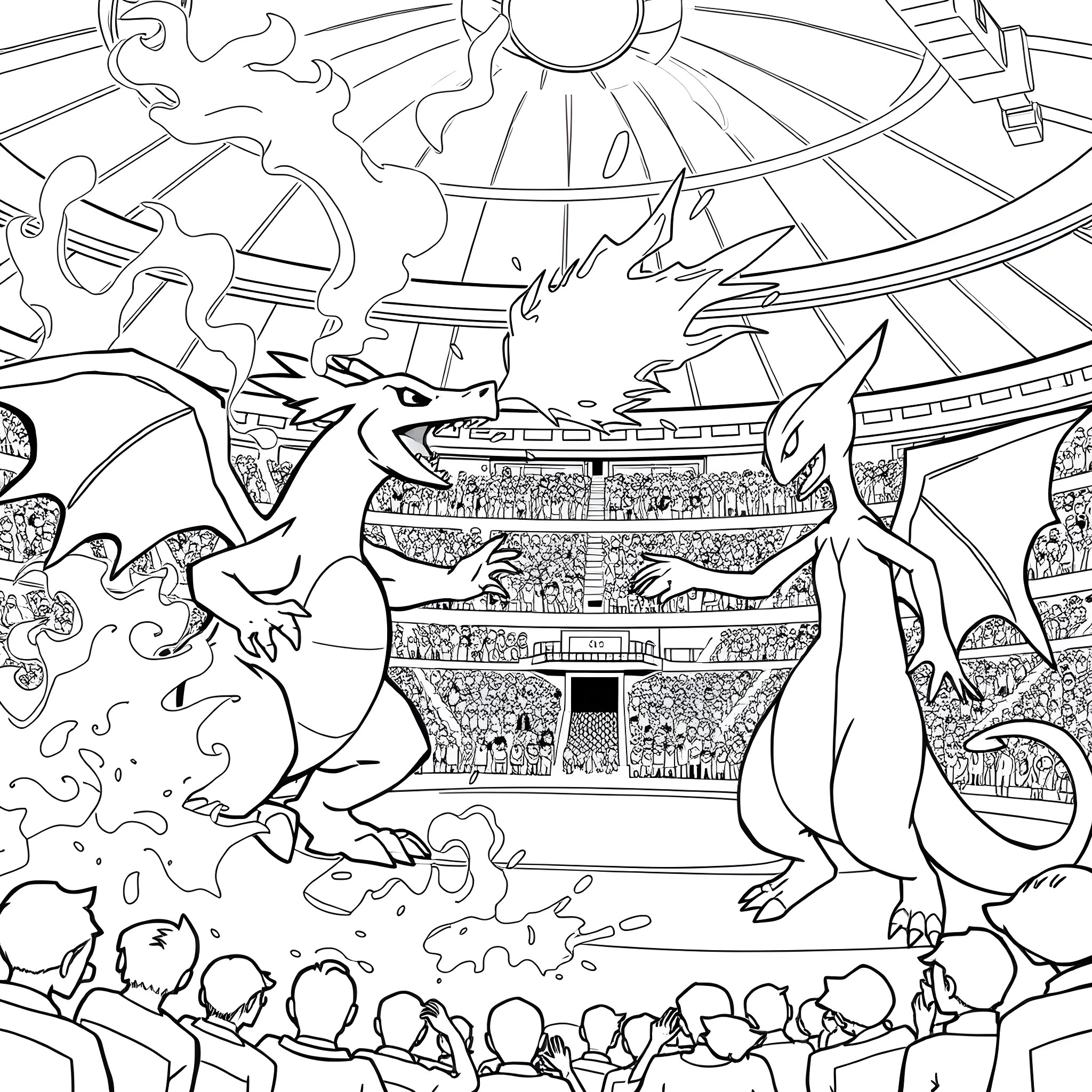 Charizard performing fiery show in a grand stadium Coloring Page (free black-and-white line drawing printable PDF for all, from beginners to advanced learners, including children, teens, adults, and seniors)