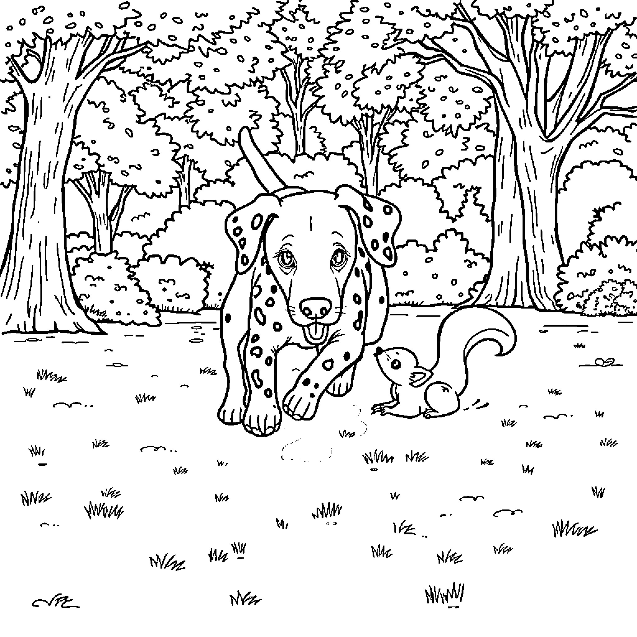 Dalmatian exploring the forest with a squirrel Coloring Page (free black-and-white line drawing printable PDF for all, from beginners to advanced learners, including children, teens, adults, and seniors)