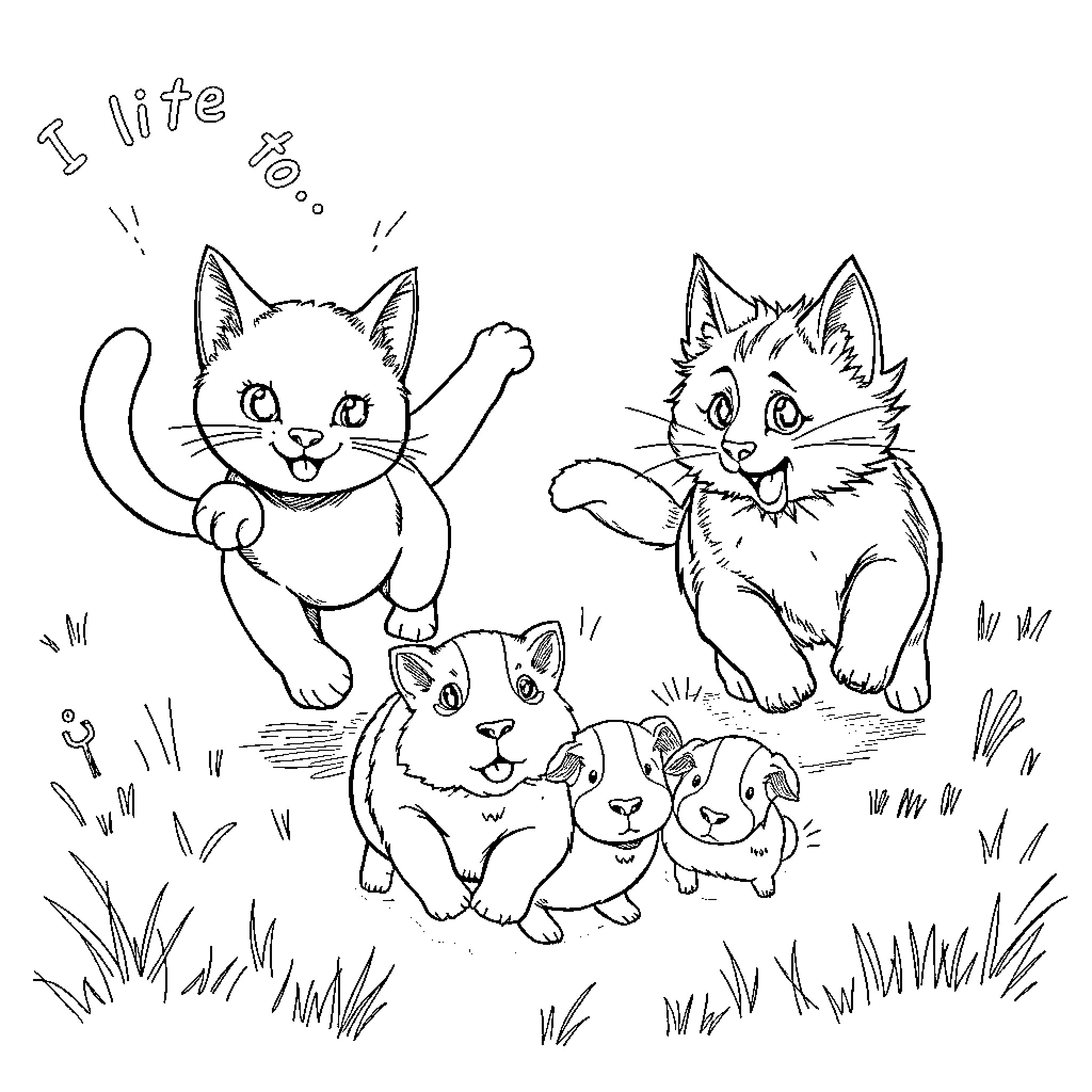 Kitty Friends Frolicking in the Meadow Coloring Page (free black-and-white line drawing printable PDF for all, from beginners to advanced learners, including children, teens, adults, and seniors)