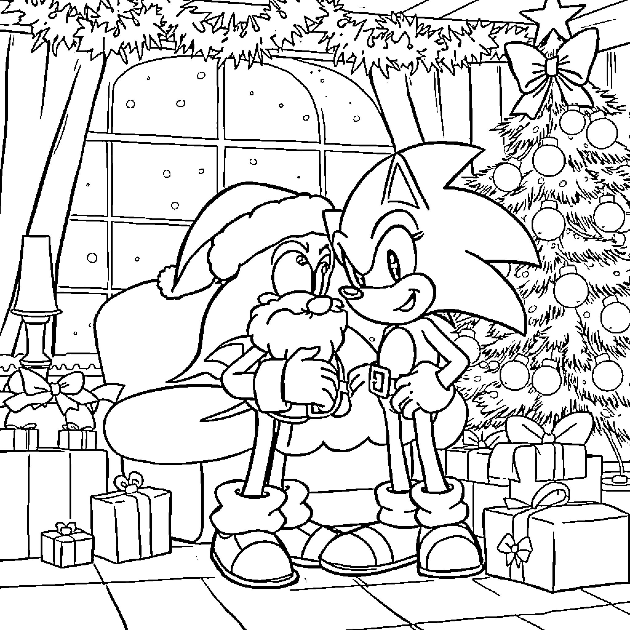 Sonic Celebrating Winter Holidays with Joy Coloring Page (free black-and-white line drawing printable PDF for all, from beginners to advanced learners, including children, teens, adults, and seniors)